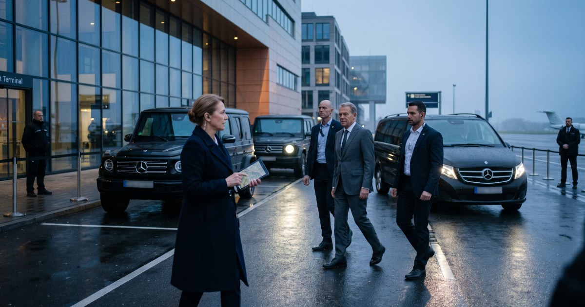 Executive protection team escorting a business executive outside an airport terminal, with Mercedes security vehicles positioned for secure transportation and coordinated VIP travel