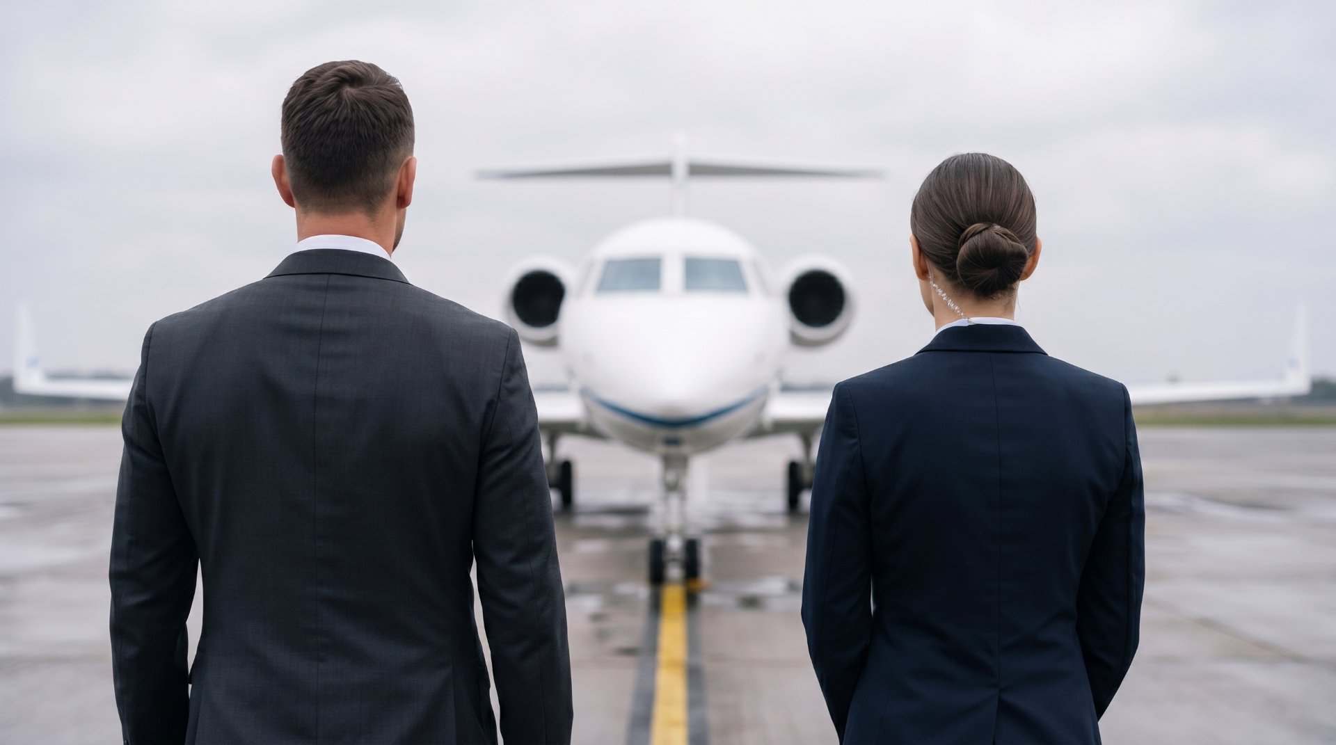 Male and female executive protection professionals standing on an airport tarmac in front of a private jet, representing GSE Security’s private aviation security, VIP protection, and secure travel services