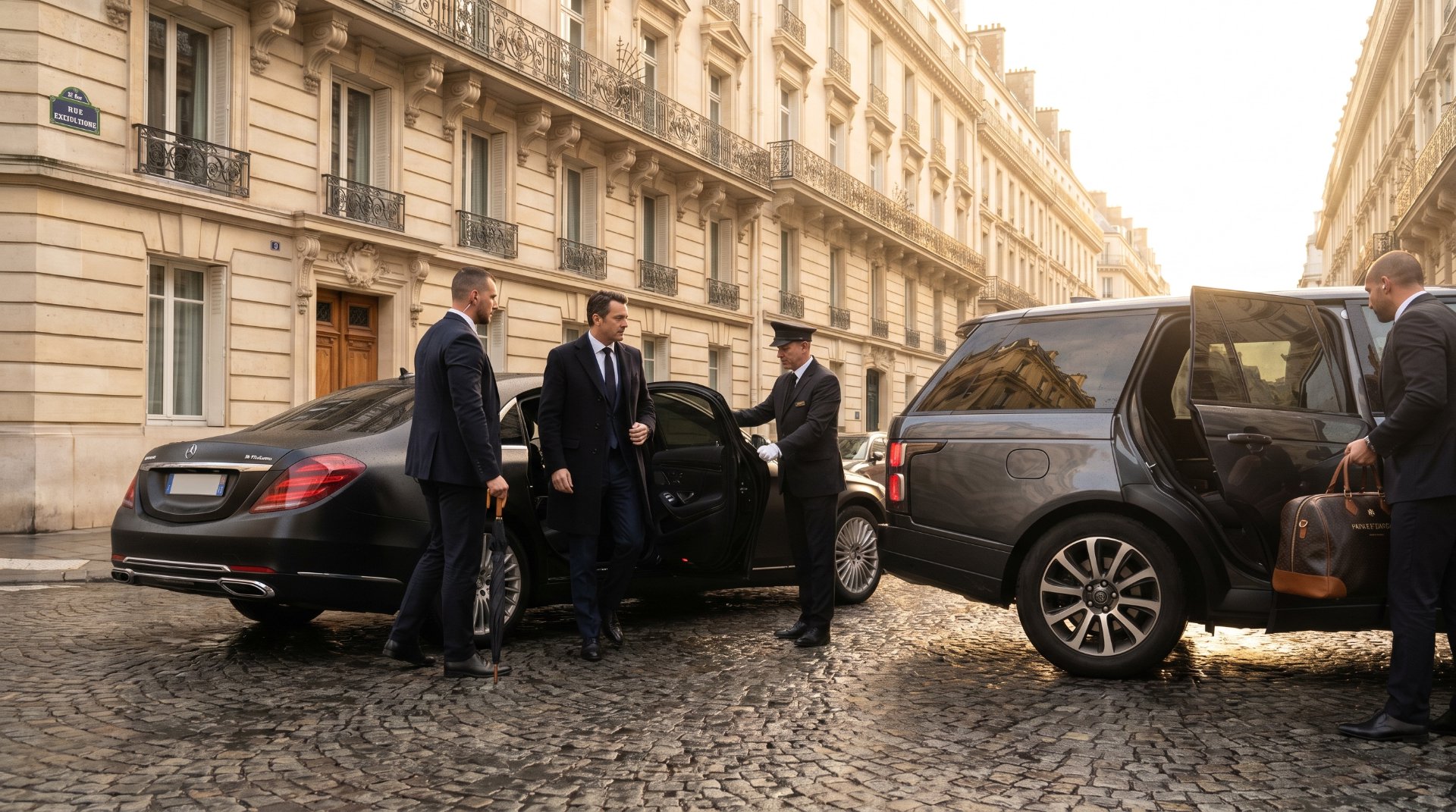 Executive protection team coordinating the secure arrival of a business executive beside luxury vehicles in a European city, representing GSE Security’s close protection, secure transportation, and executive travel security services