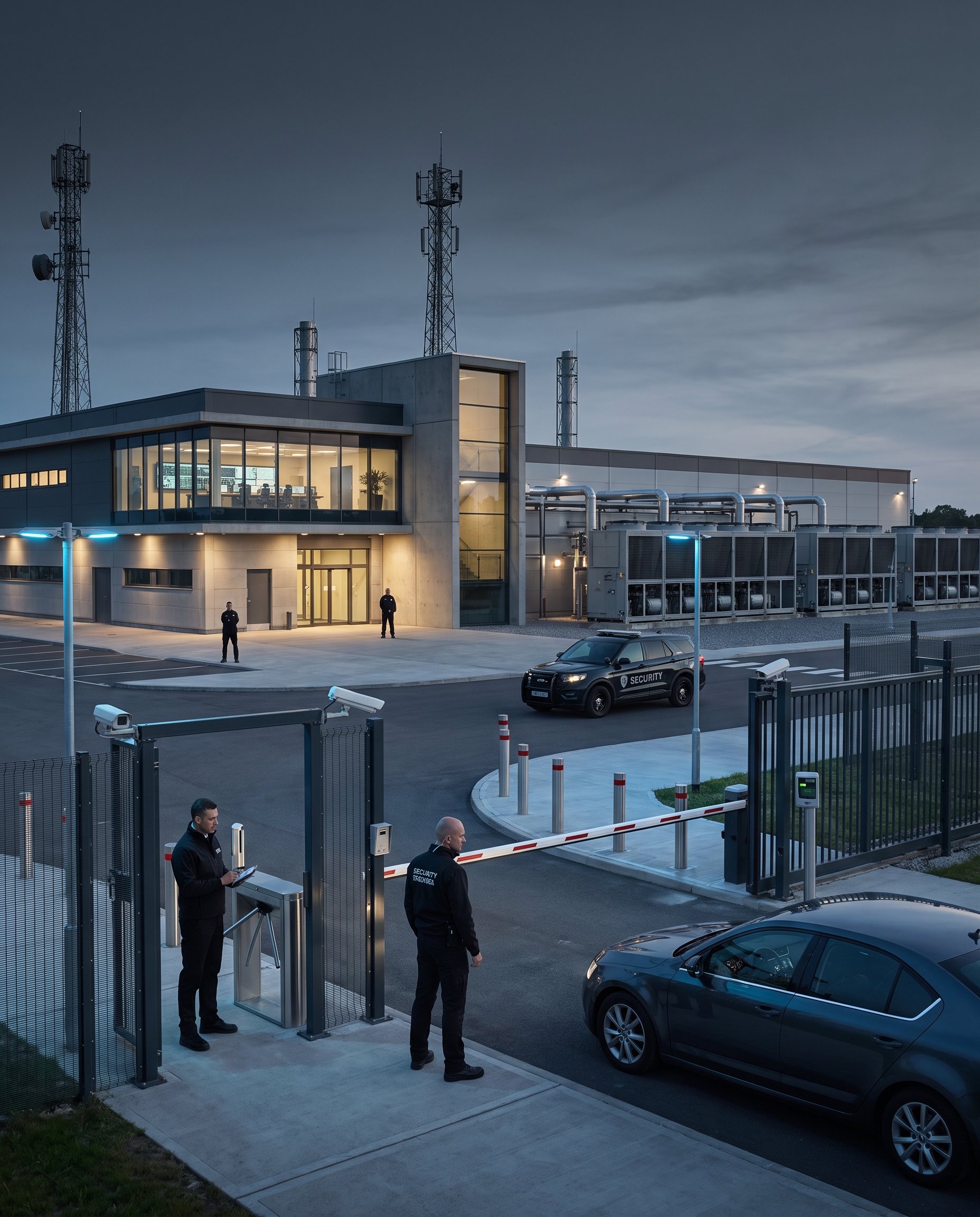 GSE Security team protecting a critical infrastructure facility at dusk, with controlled vehicle access, perimeter fencing, CCTV surveillance, security officers, patrol vehicles, barriers, and monitored entry points.