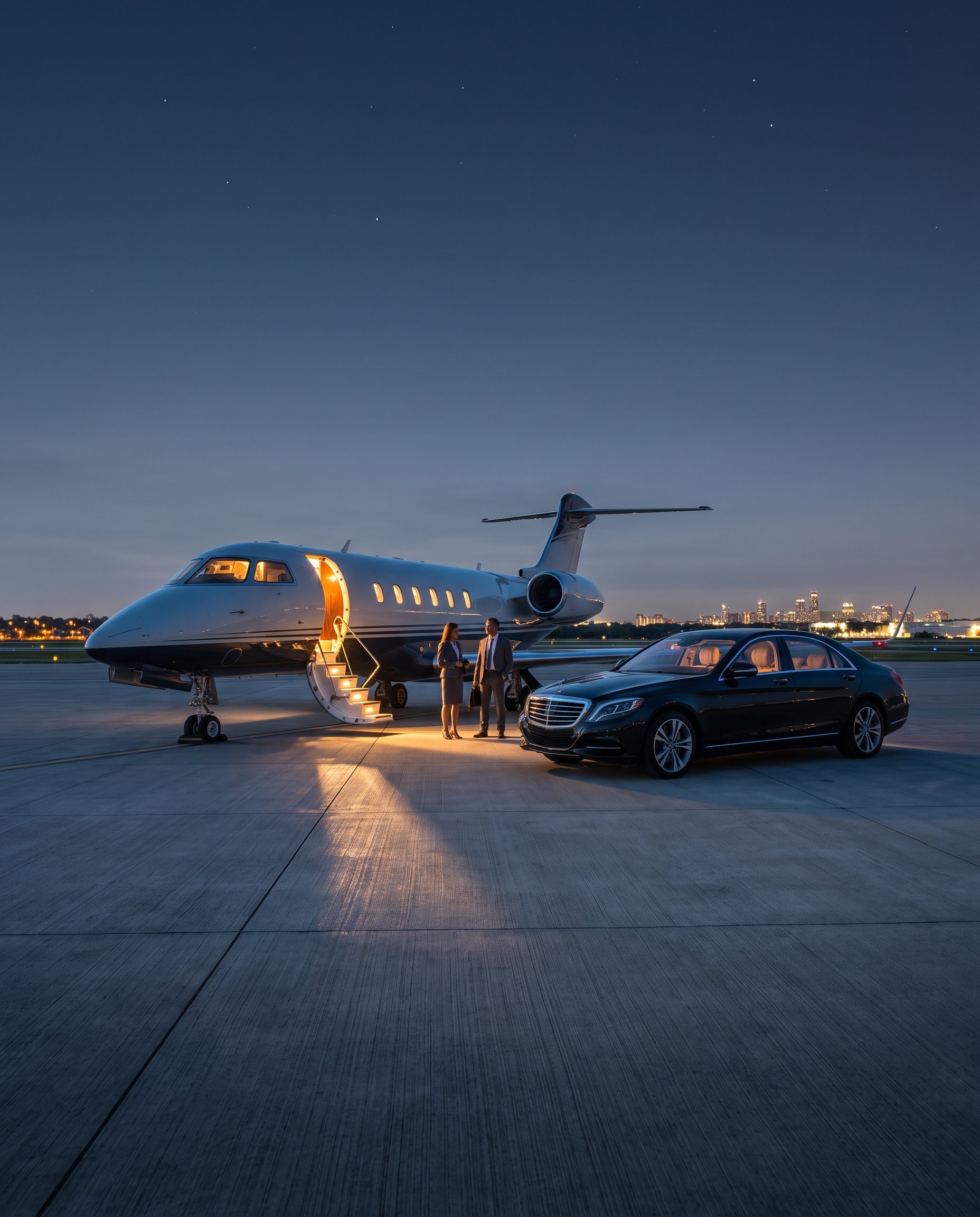 Private jet with illuminated boarding stairs beside a luxury black sedan on an airport tarmac at night, with two professionals coordinating VIP aviation and secure ground transportation.