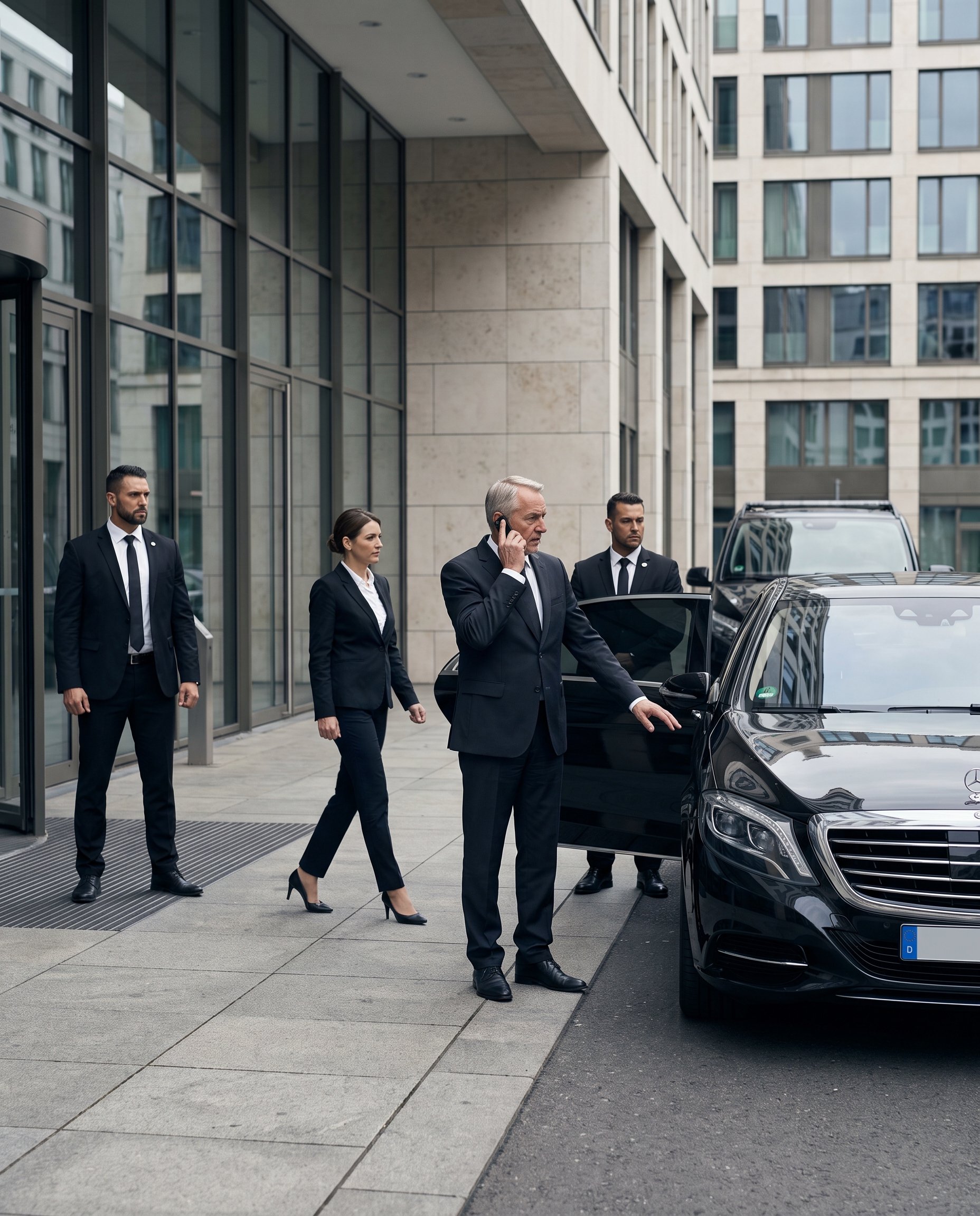GSE Security executive protection team escorting a senior business executive to a secure Mercedes vehicle outside a corporate building, providing close protection, secure transportation, and coordinated executive mobility