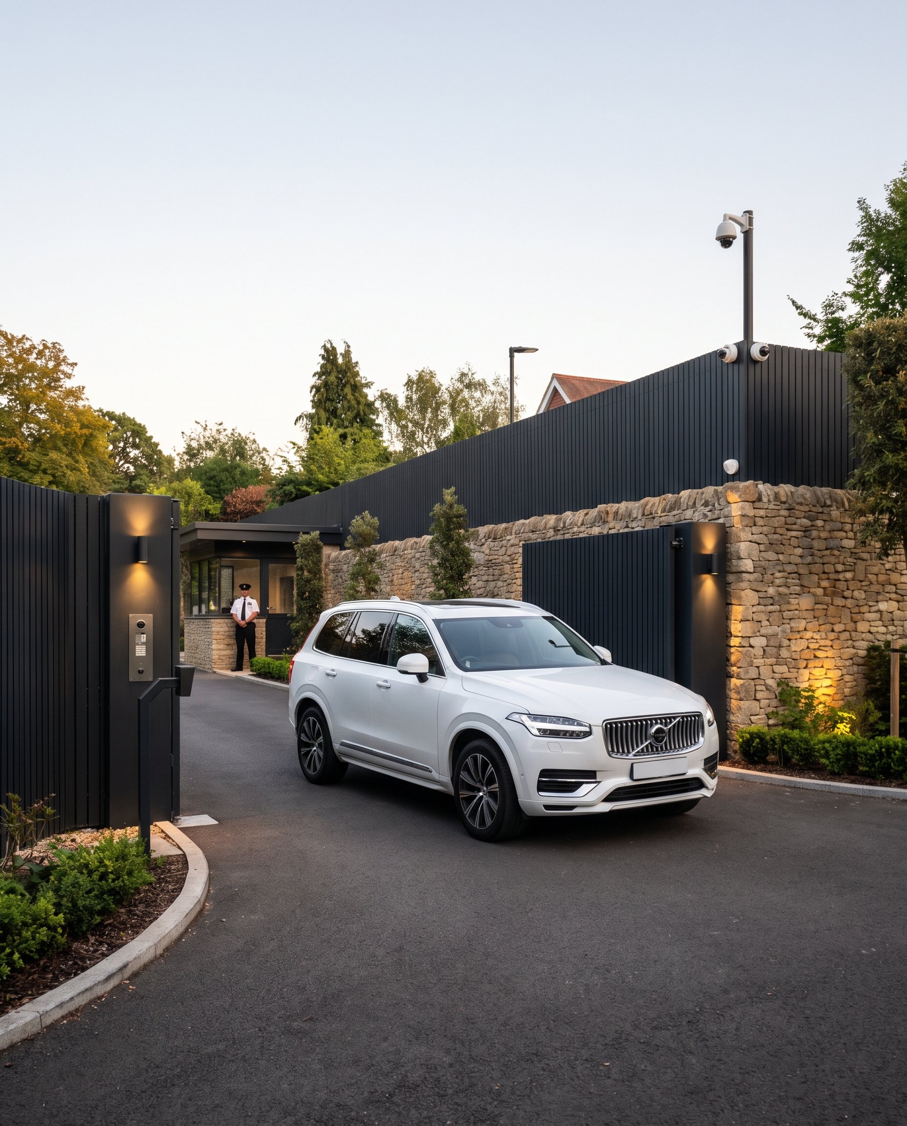 GSE Security officer managing access to a private residence with CCTV surveillance, controlled entry gates, perimeter security, and vehicle access management
