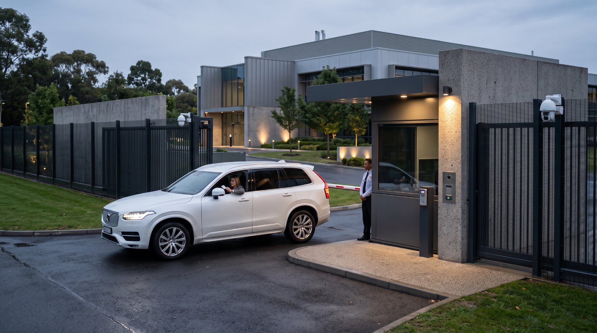 GSE Security officer managing vehicle access at a secured facility entrance with CCTV surveillance, perimeter fencing, automated barriers, and electronic access control systems