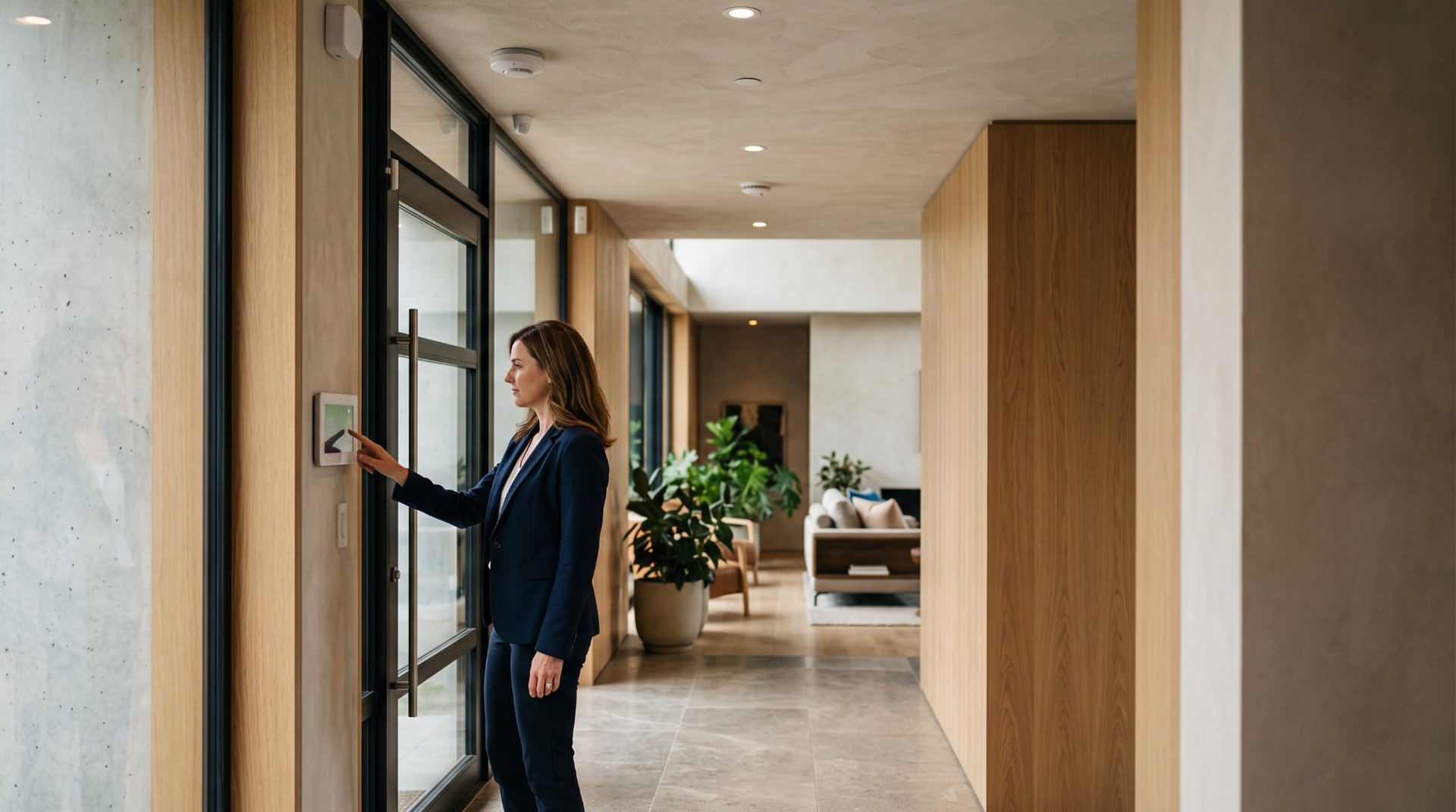 Professional security specialist managing electronic access control inside a modern luxury residence, representing discreet residential security, controlled entry, and integrated security technology.