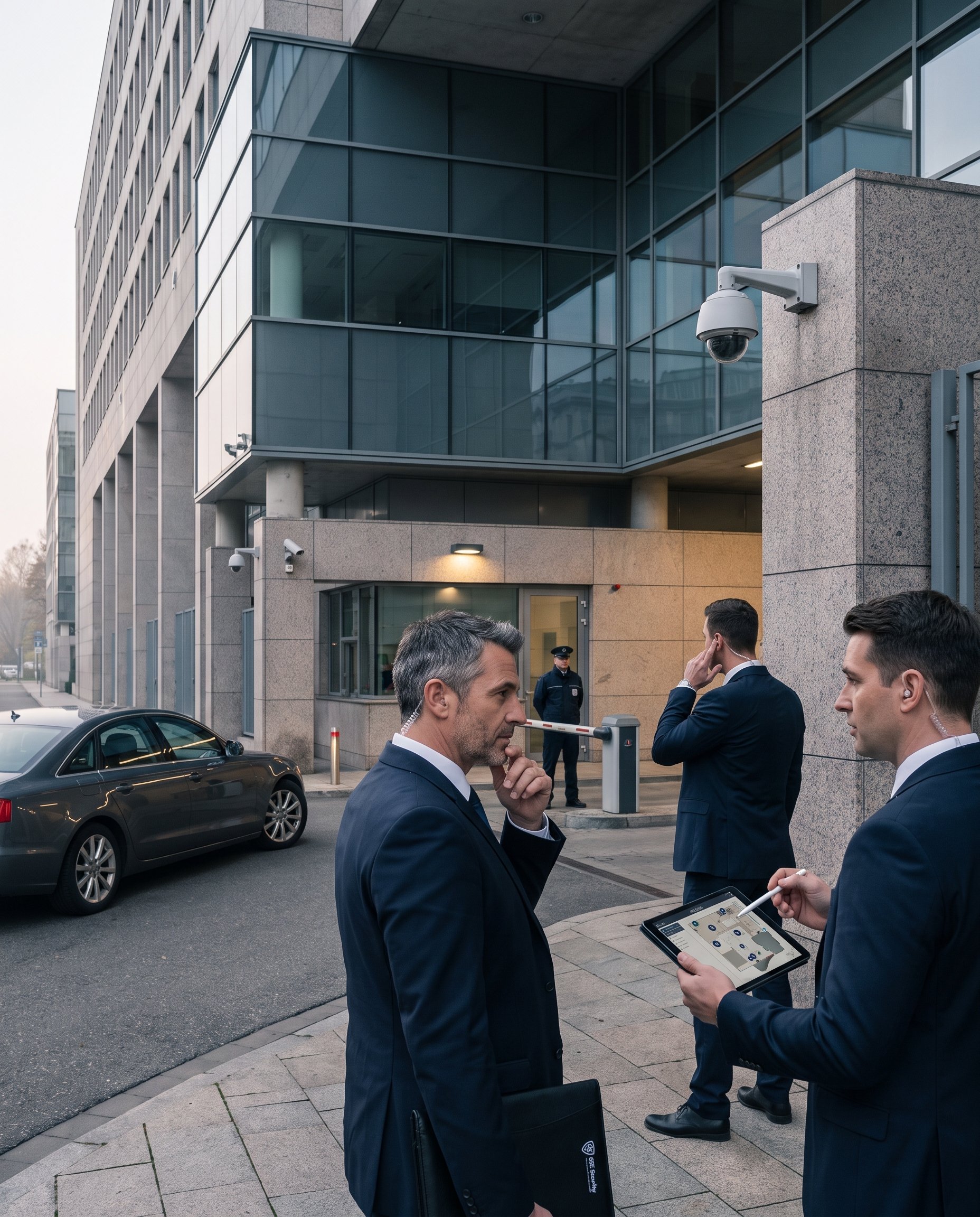 GSE Security consultants conducting a sensitive site protection assessment outside a modern corporate facility, reviewing surveillance coverage, access controls, perimeter security, and site vulnerabilities using a digital security plan
