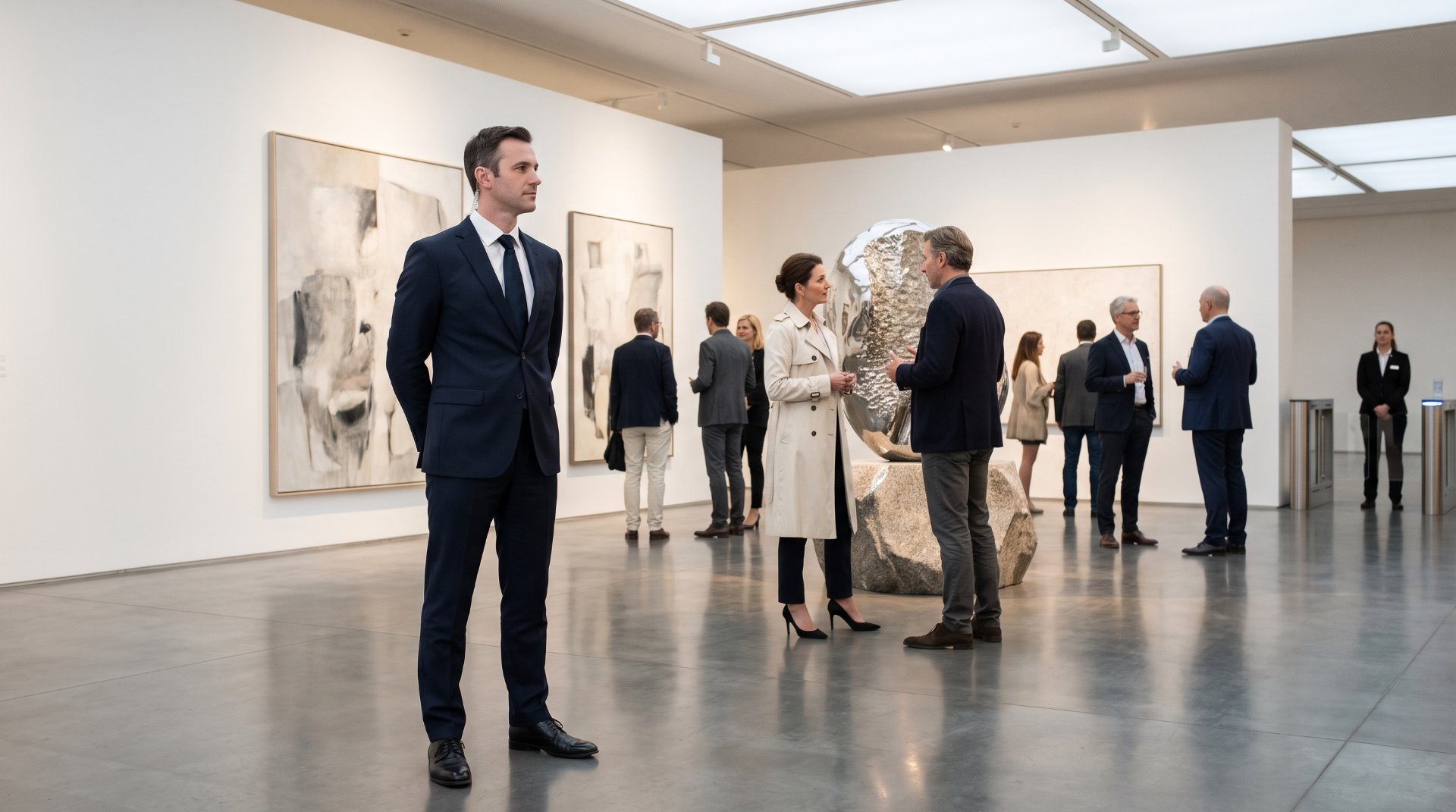 Professional security officer in a dark suit discreetly monitoring a contemporary art exhibition while collectors and guests view artworks and sculptures in a modern gallery.