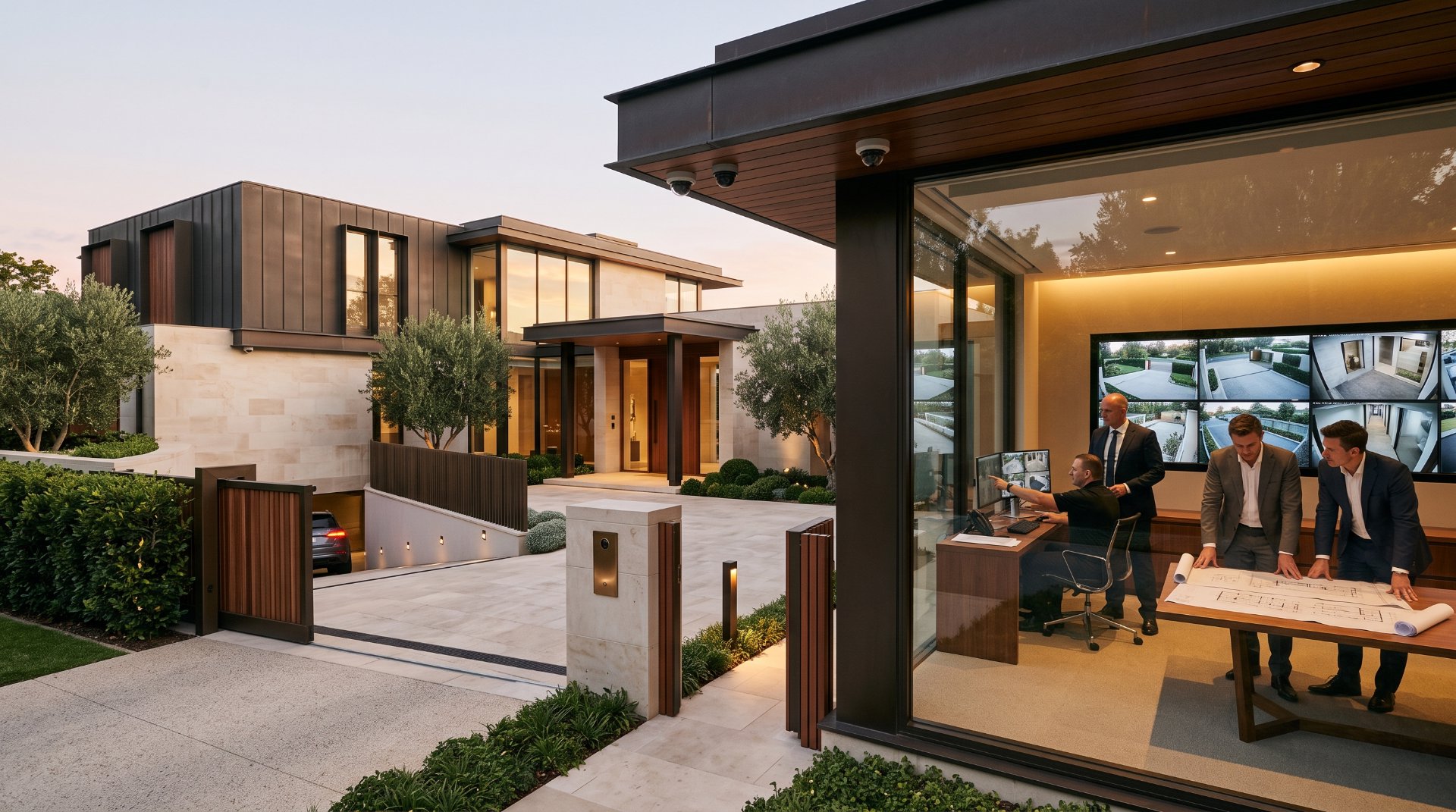 Professional security team monitoring a luxury residential property from a dedicated control room, combining CCTV surveillance, access control, site planning, and coordinated residential security operations.