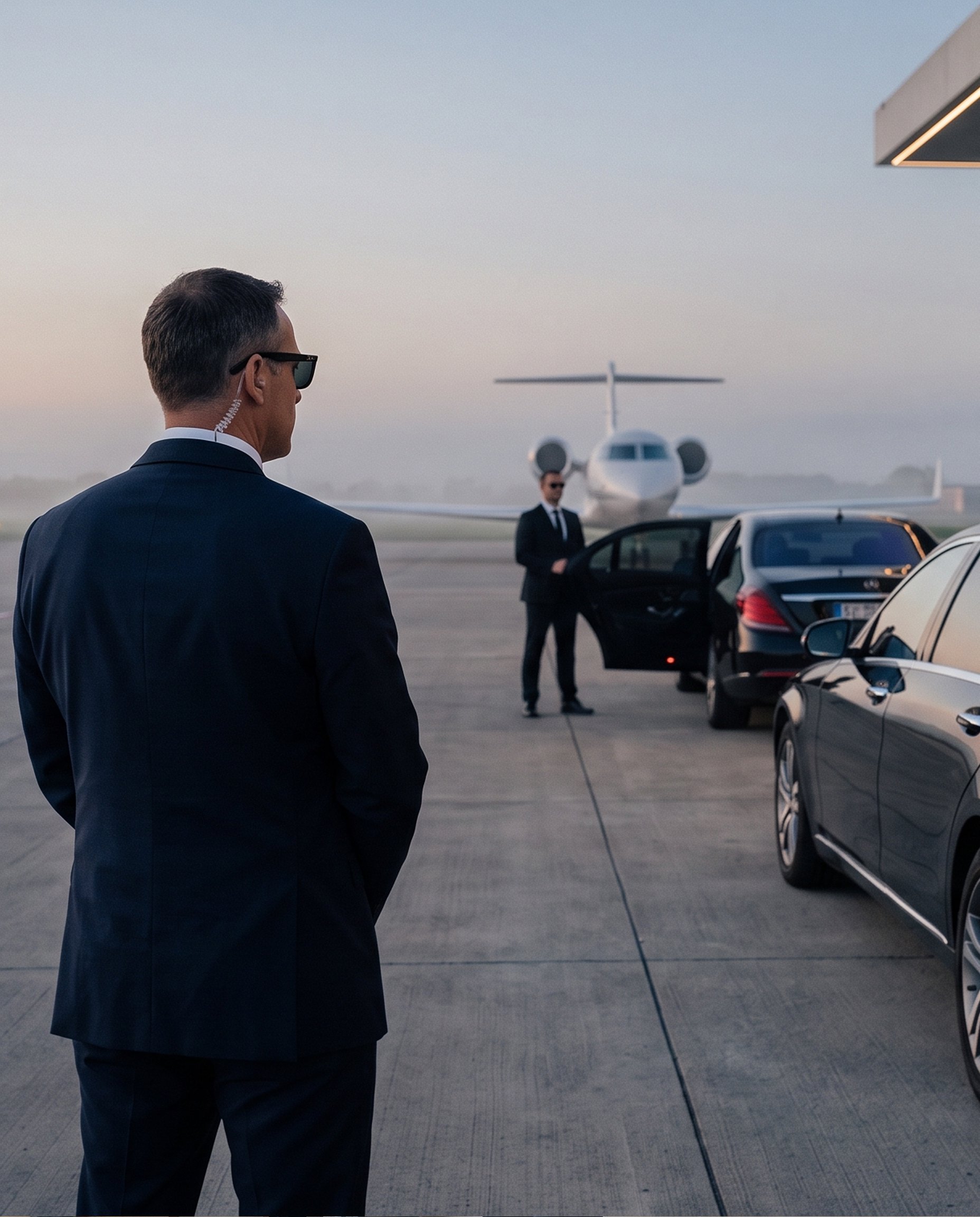 GSE Security executive protection officers coordinating a secure private jet arrival with luxury vehicles, providing close protection, airport security, and discreet VIP transportation, Jetplane, aeroport