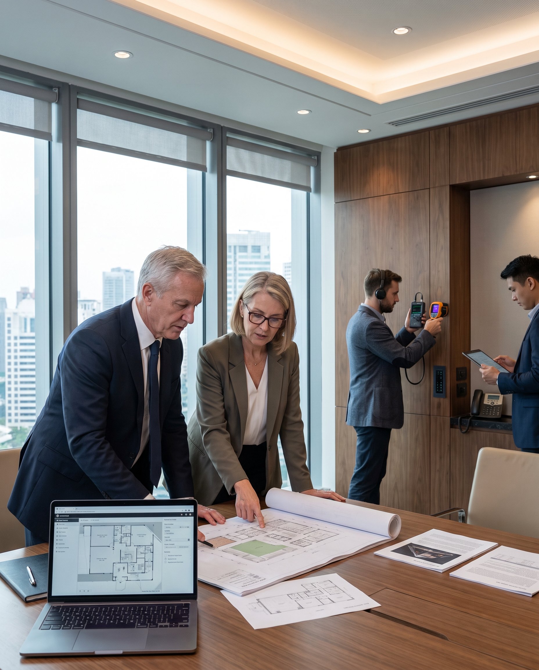 GSE Security specialists conducting a corporate security risk assessment, reviewing building plans and using technical detection equipment to identify vulnerabilities and strengthen workplace protection.