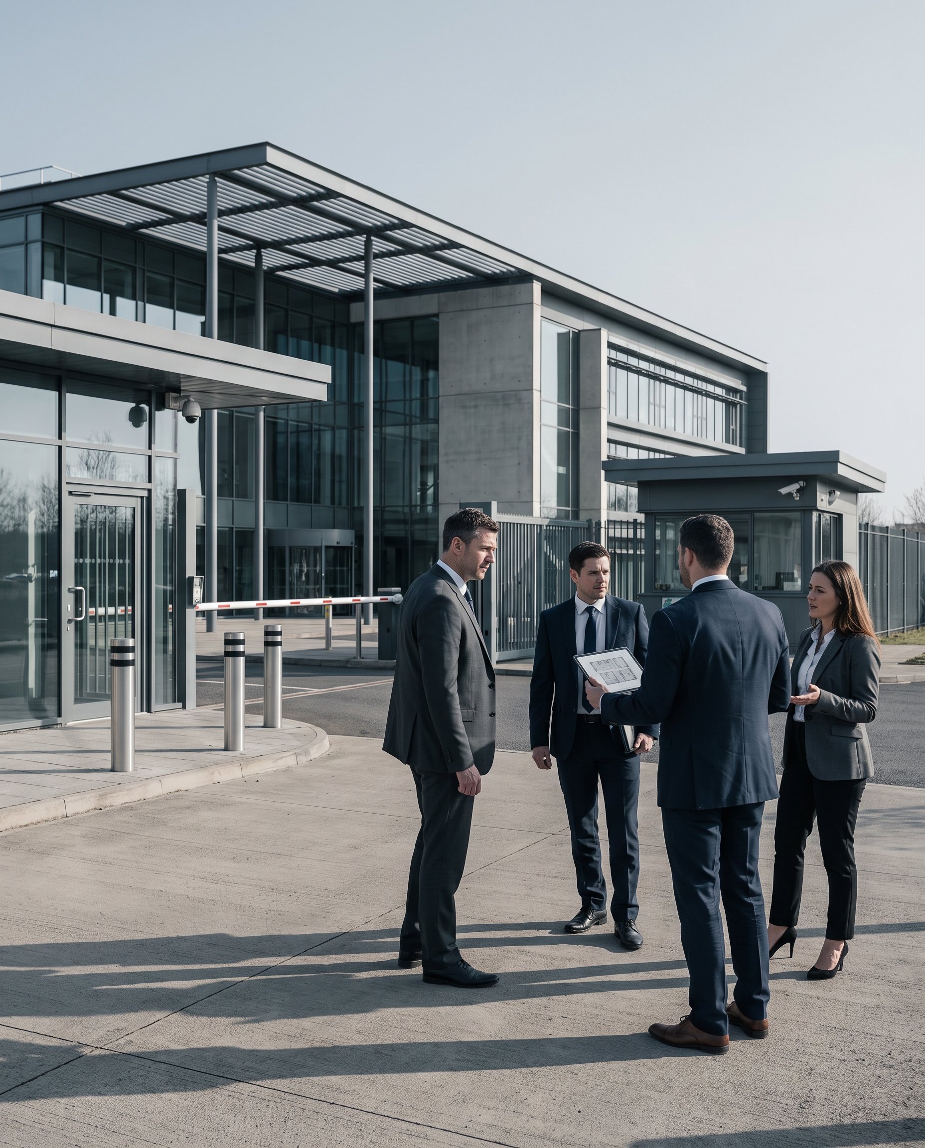 GSE Security consultants conducting a sensitive site protection assessment outside a modern high-security facility, reviewing access controls, perimeter security, CCTV coverage, and potential vulnerabilities.