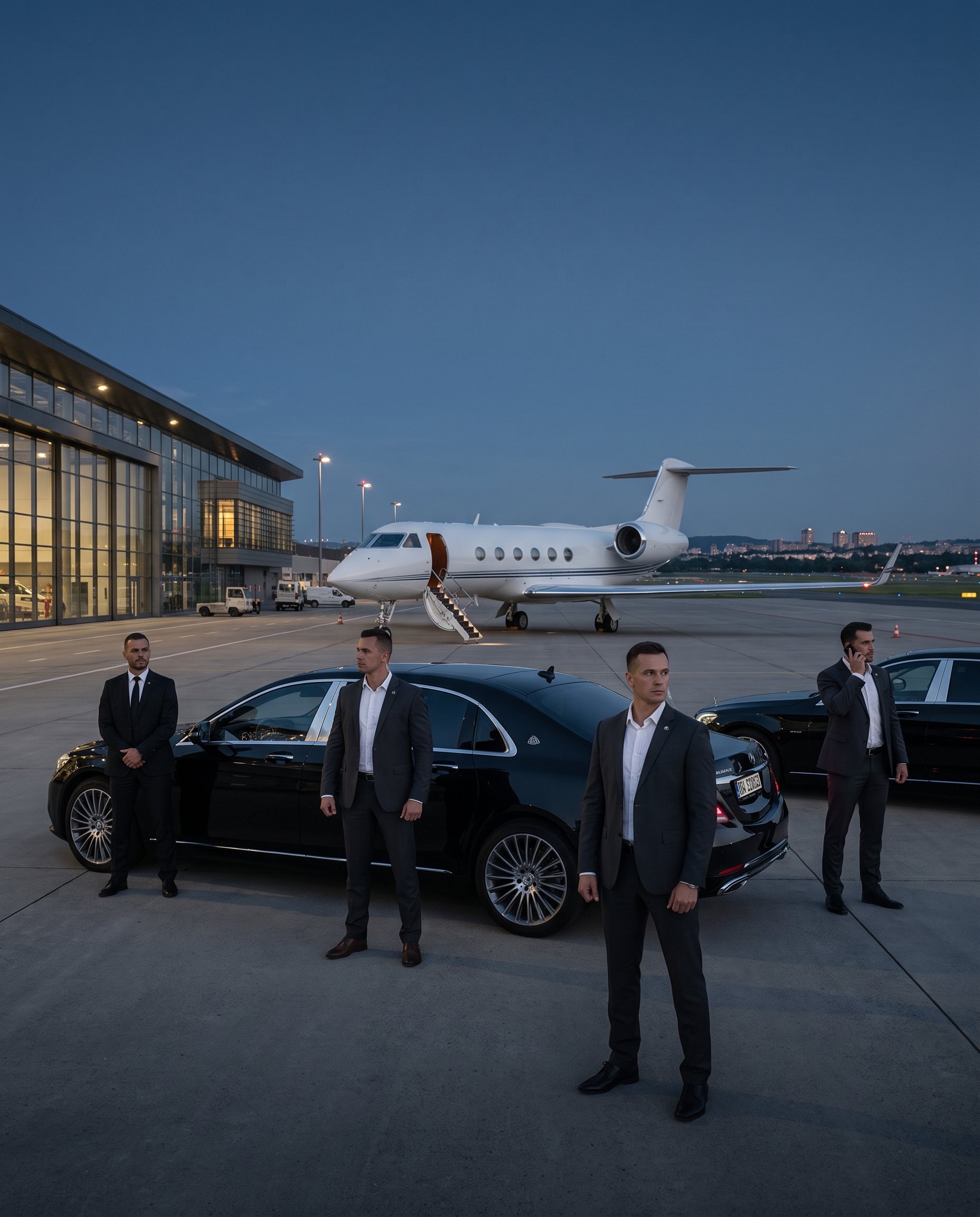 gse Executive protection team positioned around luxury vehicles on an airport tarmac, with a private jet in the background at dusk, providing secure VIP aviation and ground transportation support