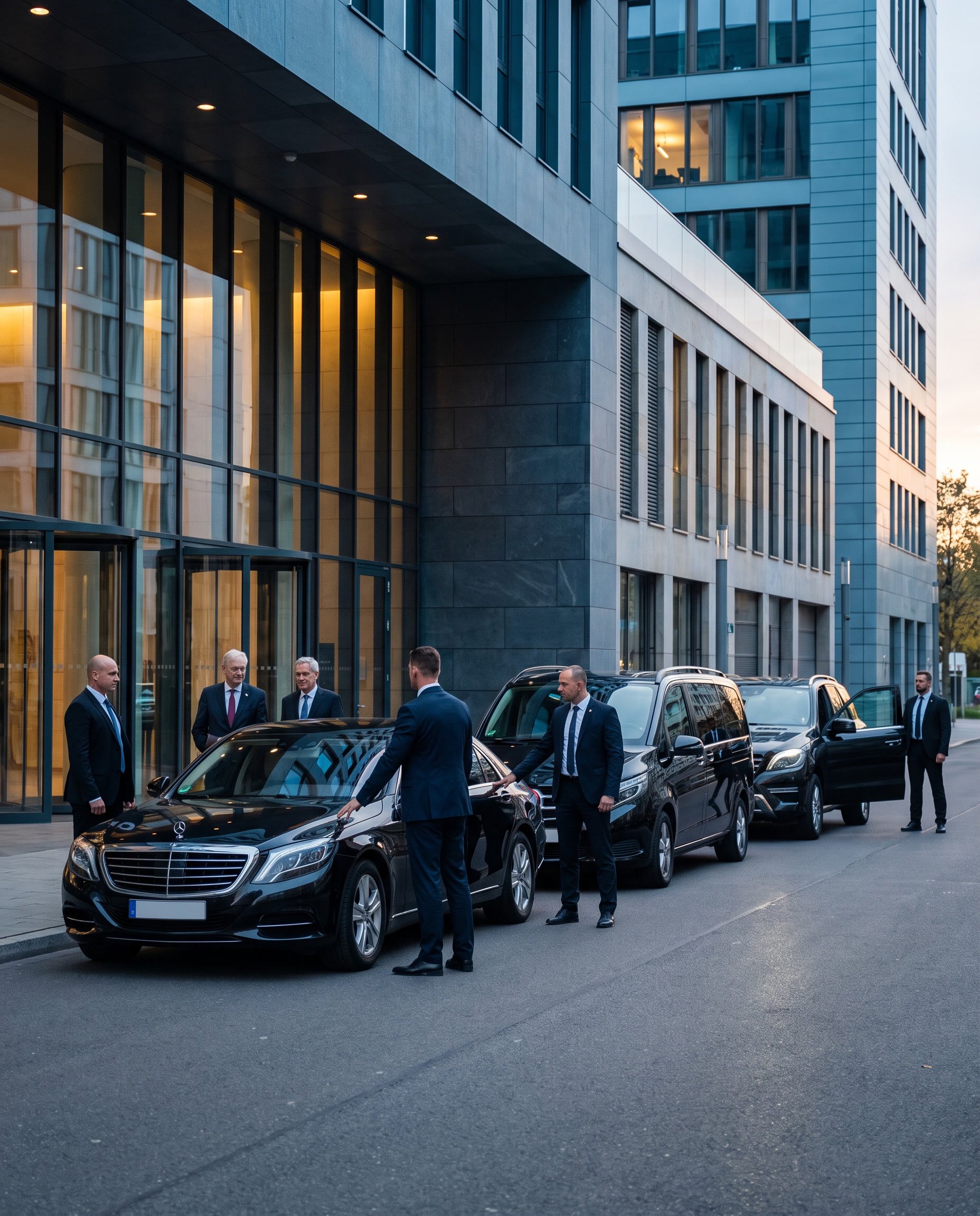 Executive protection team coordinating a secure VIP arrival outside a modern corporate building, with luxury sedans and executive vehicles positioned for discreet transportation and close protection.