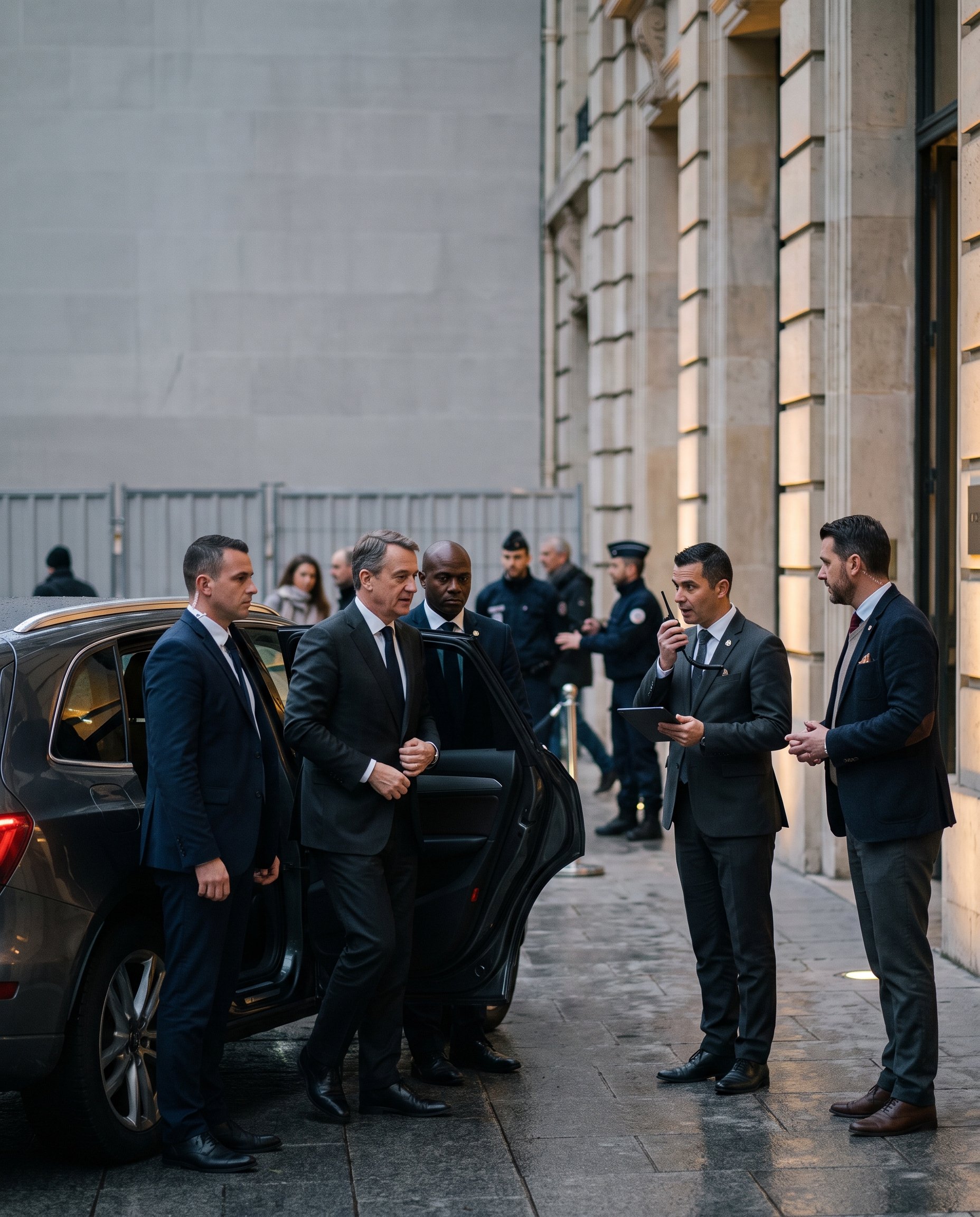 Executive protection team coordinating the secure arrival of a VIP outside a formal building, with close protection officers, communication equipment, and a waiting vehicle, Paris, France