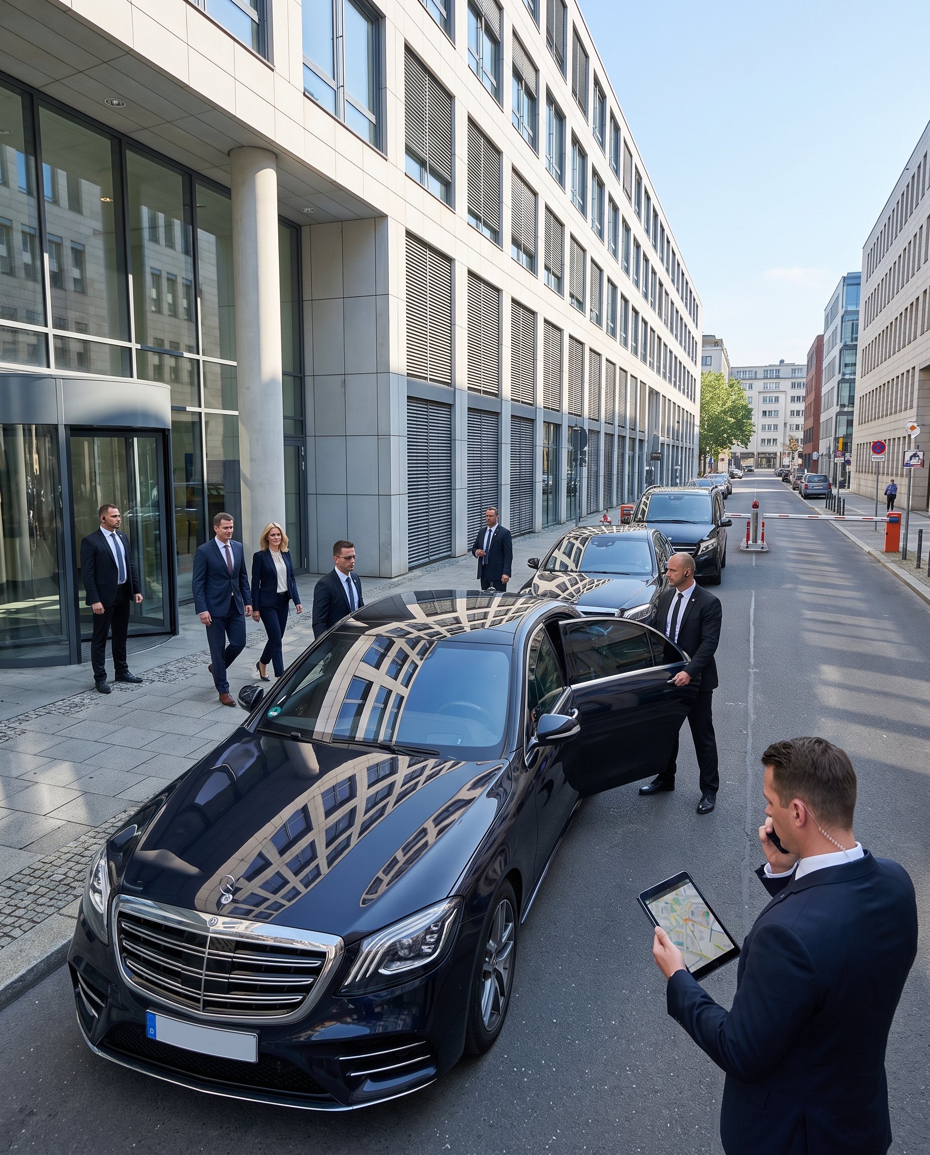 Security team coordinating executive protection and secure transportation around a luxury vehicle convoy outside a modern office building