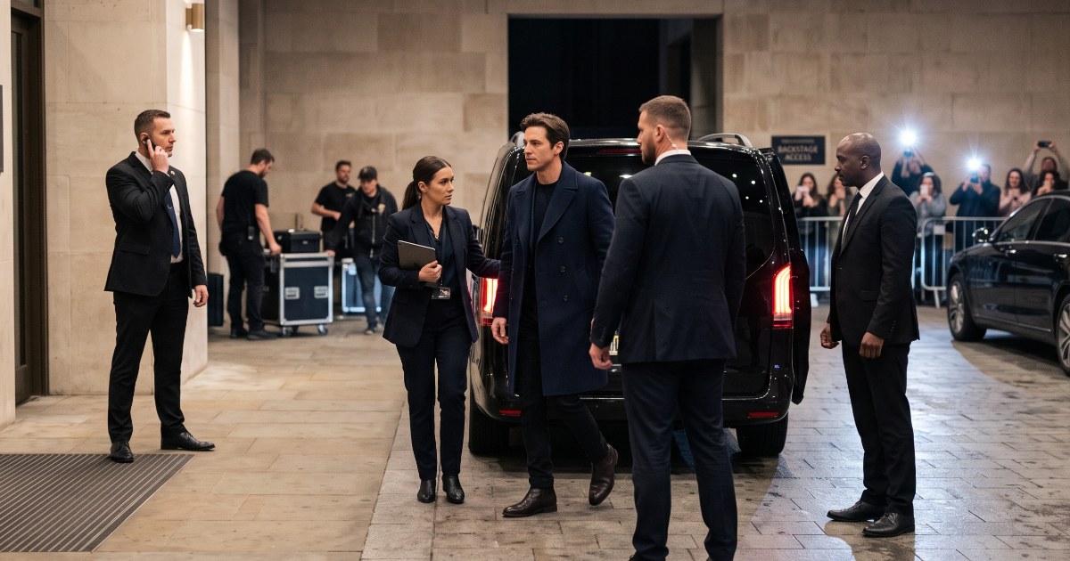 Executive protection team escorting a VIP from a luxury vehicle at a secured event entrance, with security personnel coordinating the arrival and managing the surrounding area