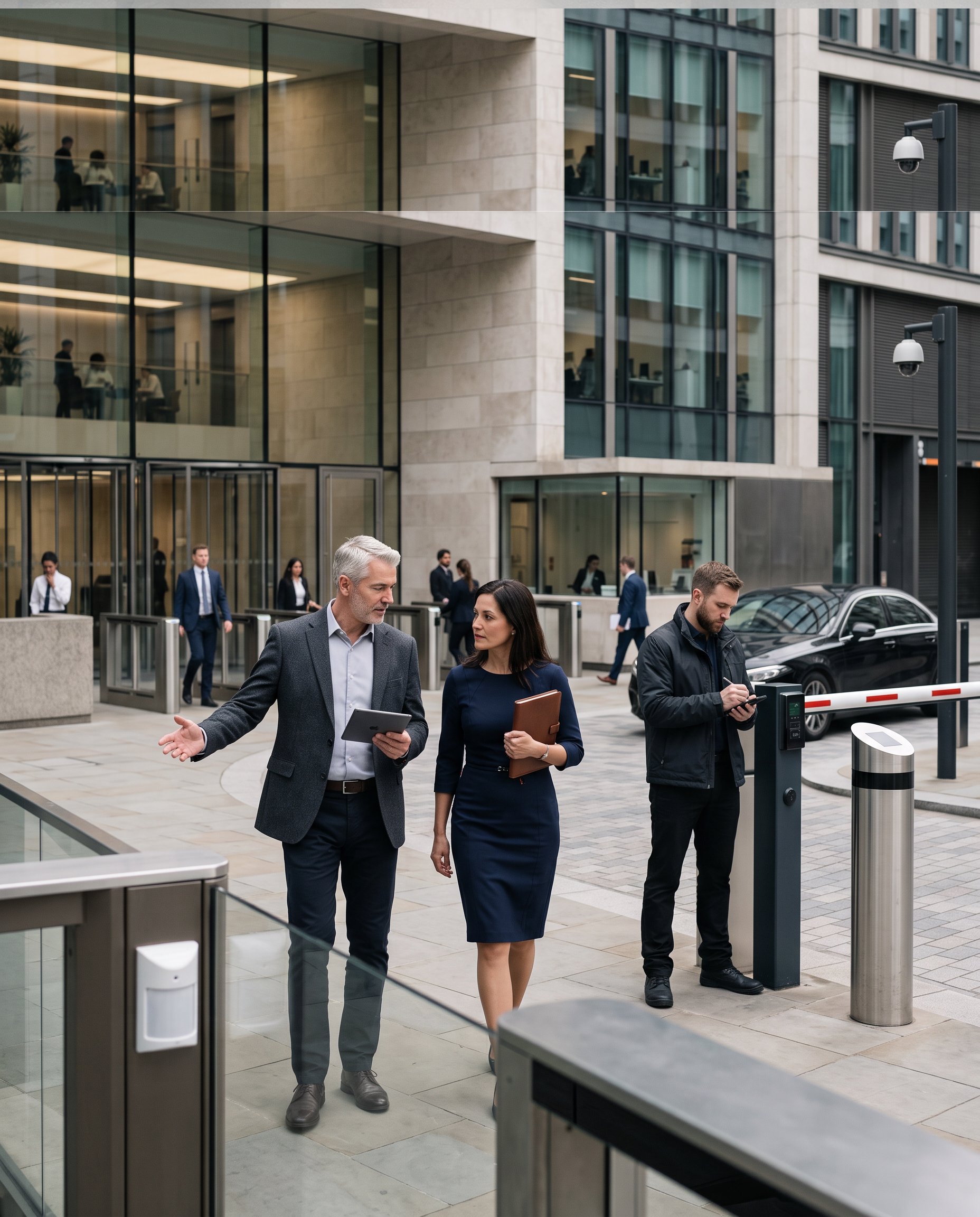 GSE Security specialists conducting a corporate security assessment at a modern business facility, reviewing CCTV surveillance, access control, perimeter security, and vehicle entry systems