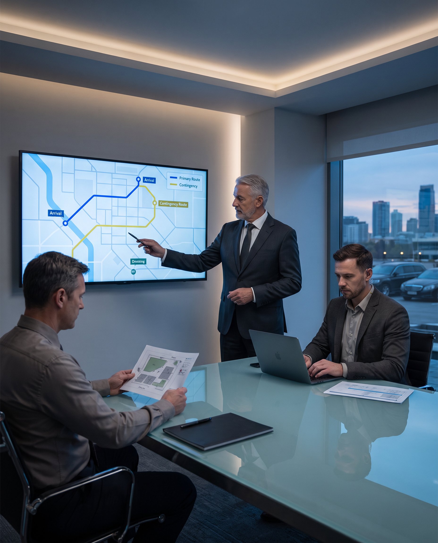 GSE Security team planning executive travel routes and contingency options, coordinating secure transportation, advance planning, and operational support for VIP movements