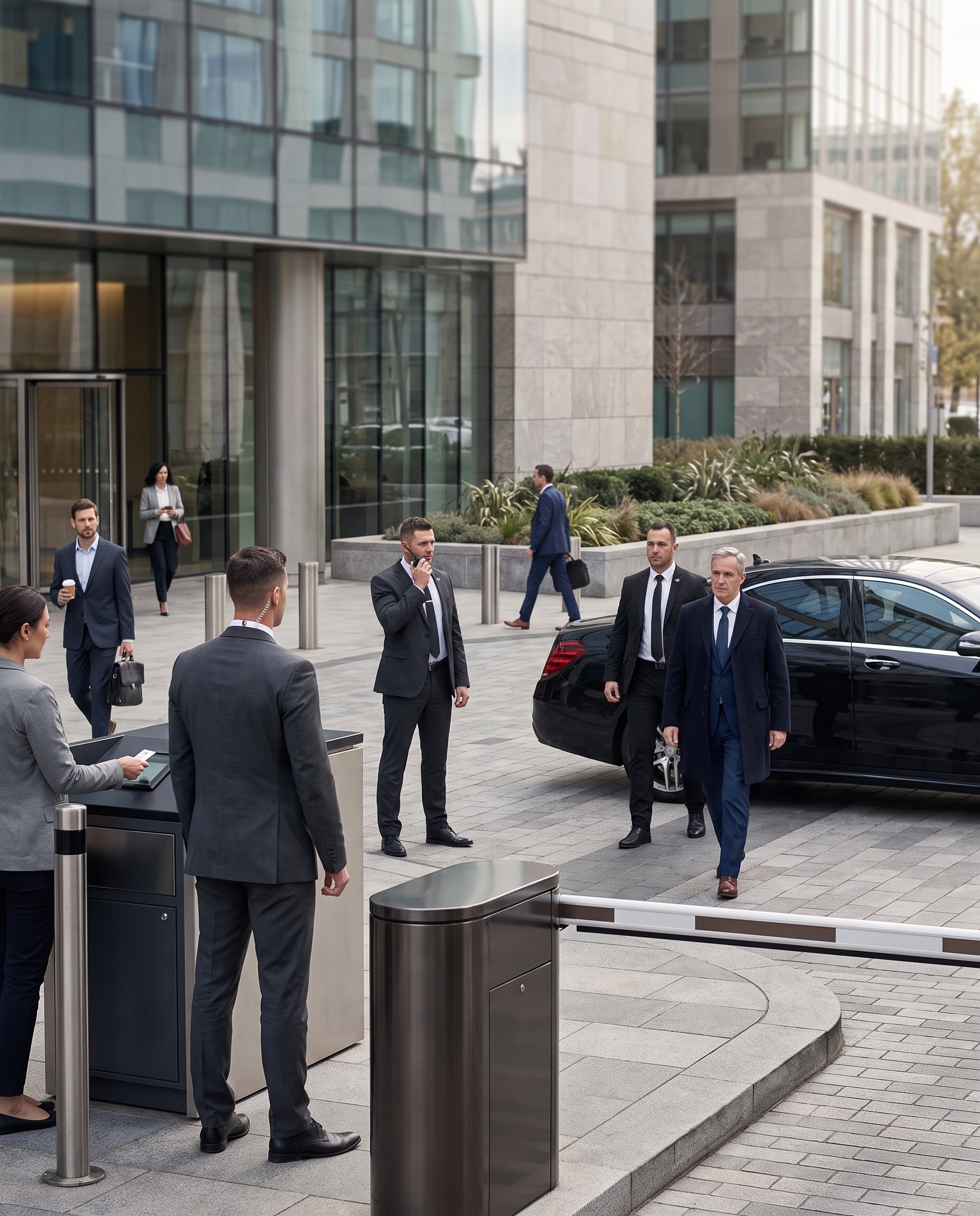 GSE Security executive protection team escorting a business executive through a controlled corporate entrance, with access control, security personnel, and secure transportation supporting safe executive movement