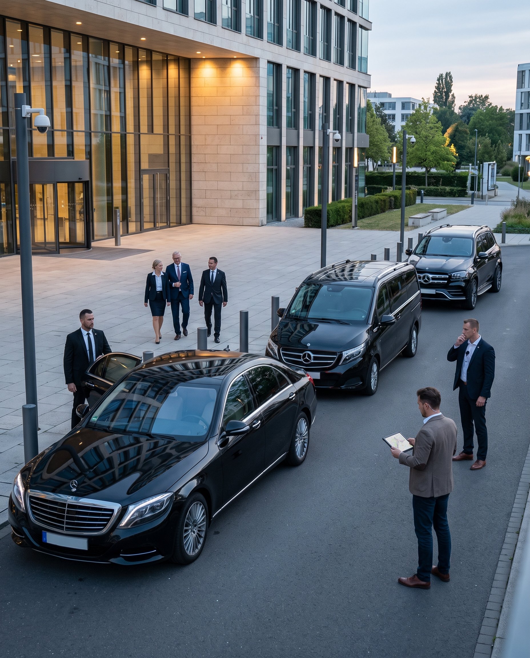Executive protection team coordinating a secure VIP departure outside a modern corporate building, with a luxury sedan, executive van and SUV positioned for discreet convoy transportation
