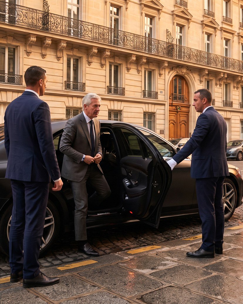Professional executive protection officers assisting a senior client from a luxury vehicle outside an elegant European building, demonstrating discreet close protection, secure mobility, and coordinated VIP movement.