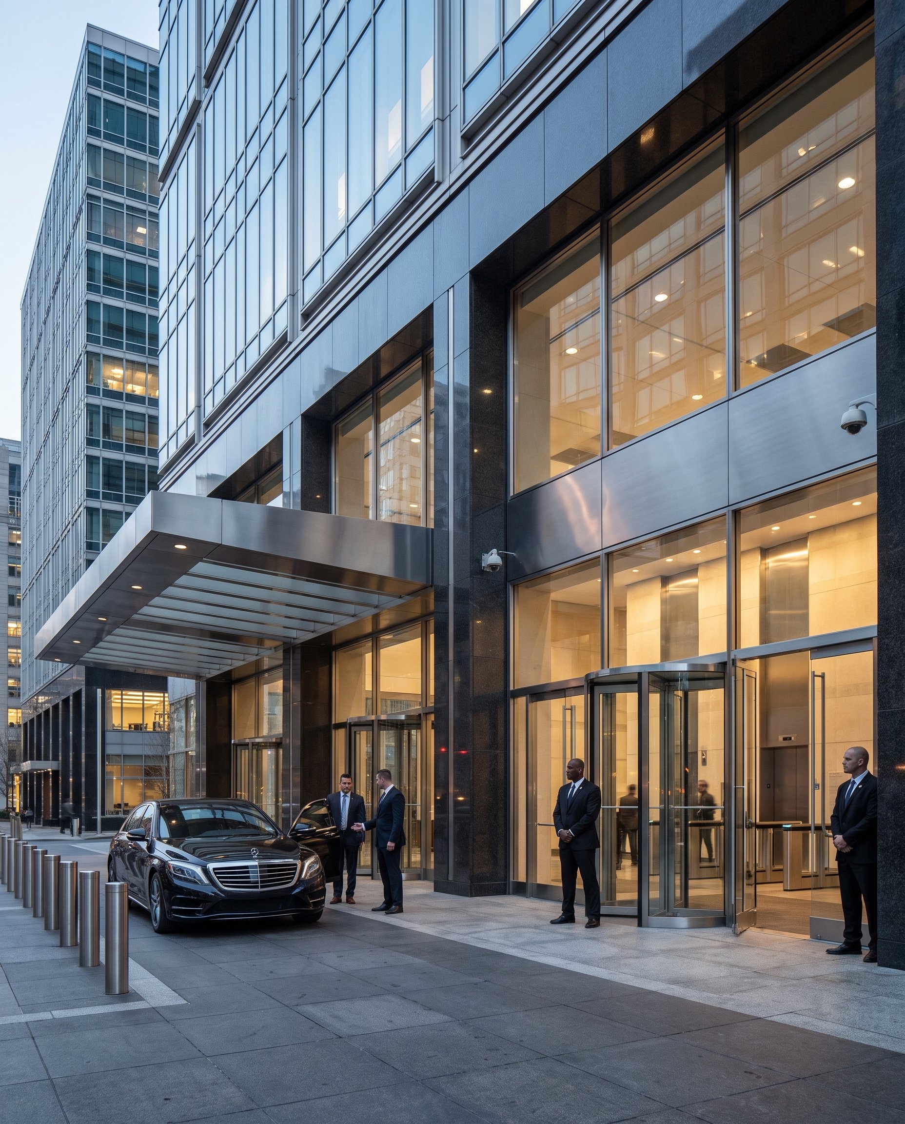 Executive protection officers positioned outside a modern corporate building, securing the entrance and arrival area beside a black luxury sedan, with CCTV surveillance and controlled access visible.