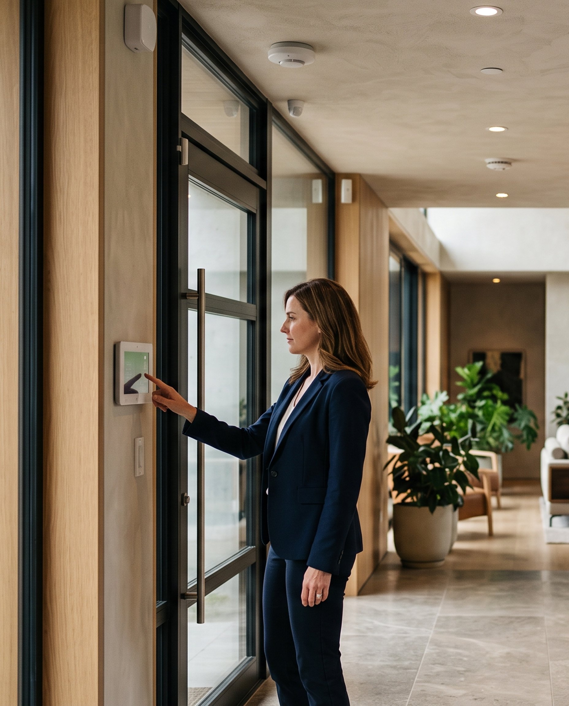 Woman using a smart security control panel inside a modern residence equipped with alarm sensors and surveillance cameras, representing GSE Security’s residential security, access control, and integrated home protection solutions