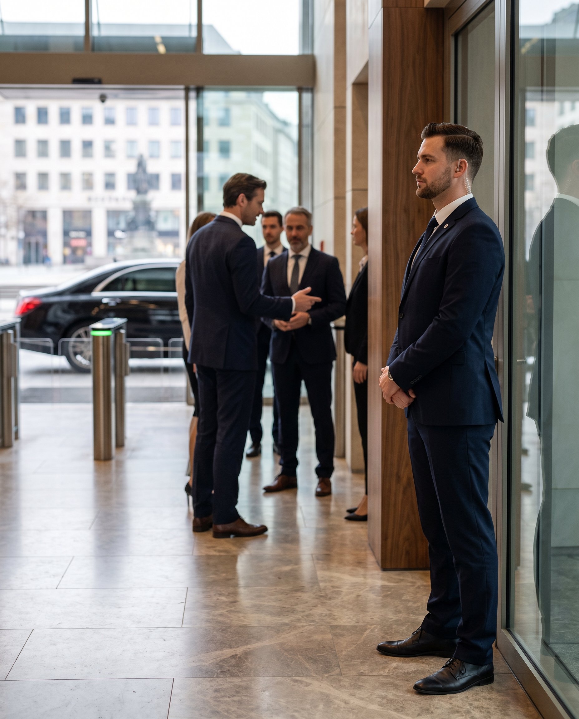 Professional security officer monitoring a modern corporate entrance while executives and visitors move through controlled access points, representing discreet protection, access control, and situational awareness.