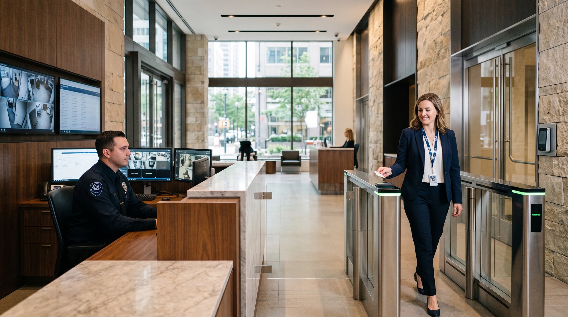 Business professional using a smart security control panel inside a modern residence, representing GSE Security’s residential security systems, access control, alarm monitoring, and integrated home protection solutions