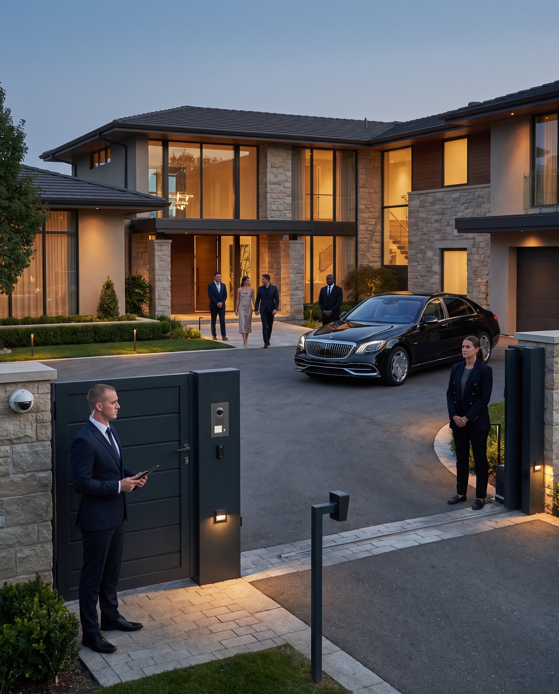 Executive protection team securing the entrance of a luxury private residence at dusk, with security personnel positioned around the gated property, CCTV surveillance, a luxury sedan, and clients departing the residence.