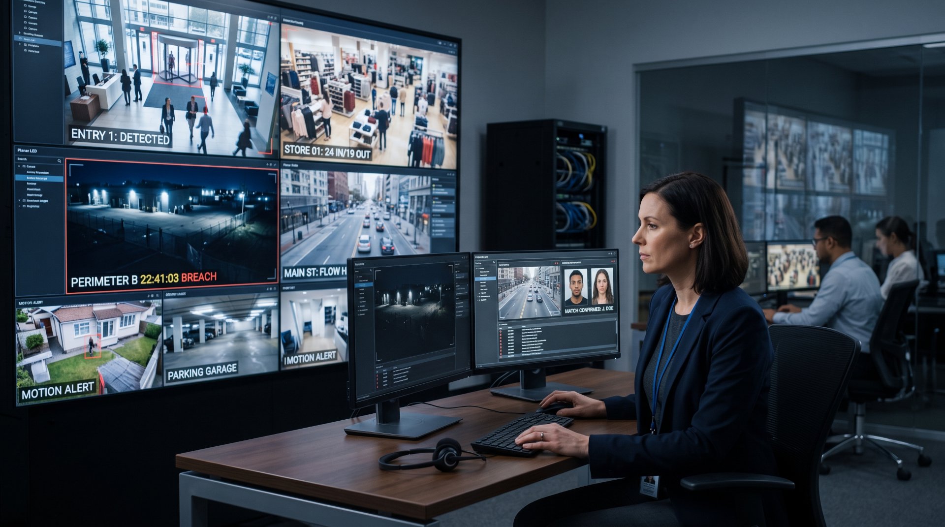 GSE Security control room specialist monitoring CCTV, perimeter alerts, access points, and security analytics, supporting 24/7 surveillance, incident detection, and integrated security operations