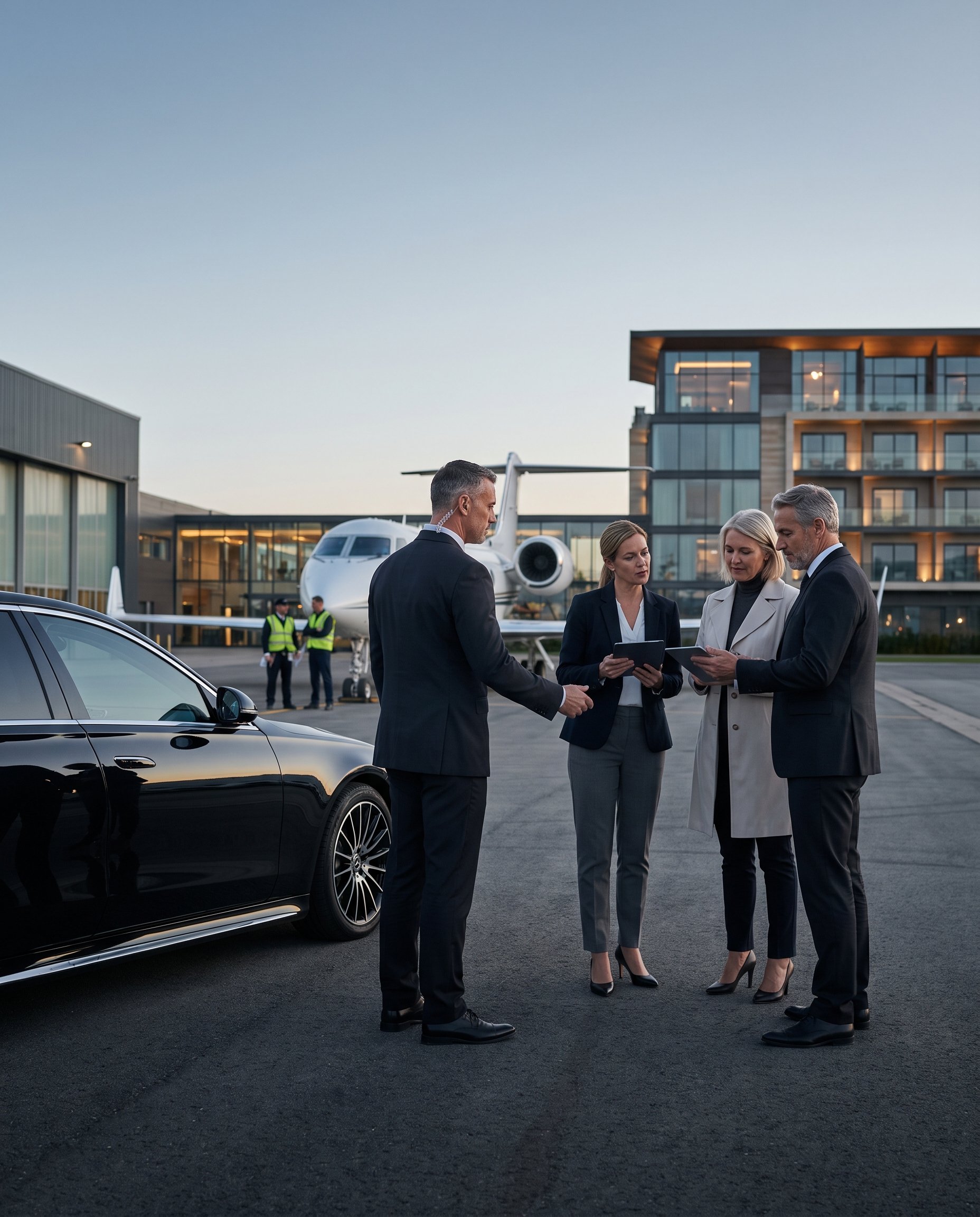Executive security and mobility team coordinating beside a luxury vehicle and private jet at a private aviation terminal, supporting discreet VIP travel and secure ground transportation.