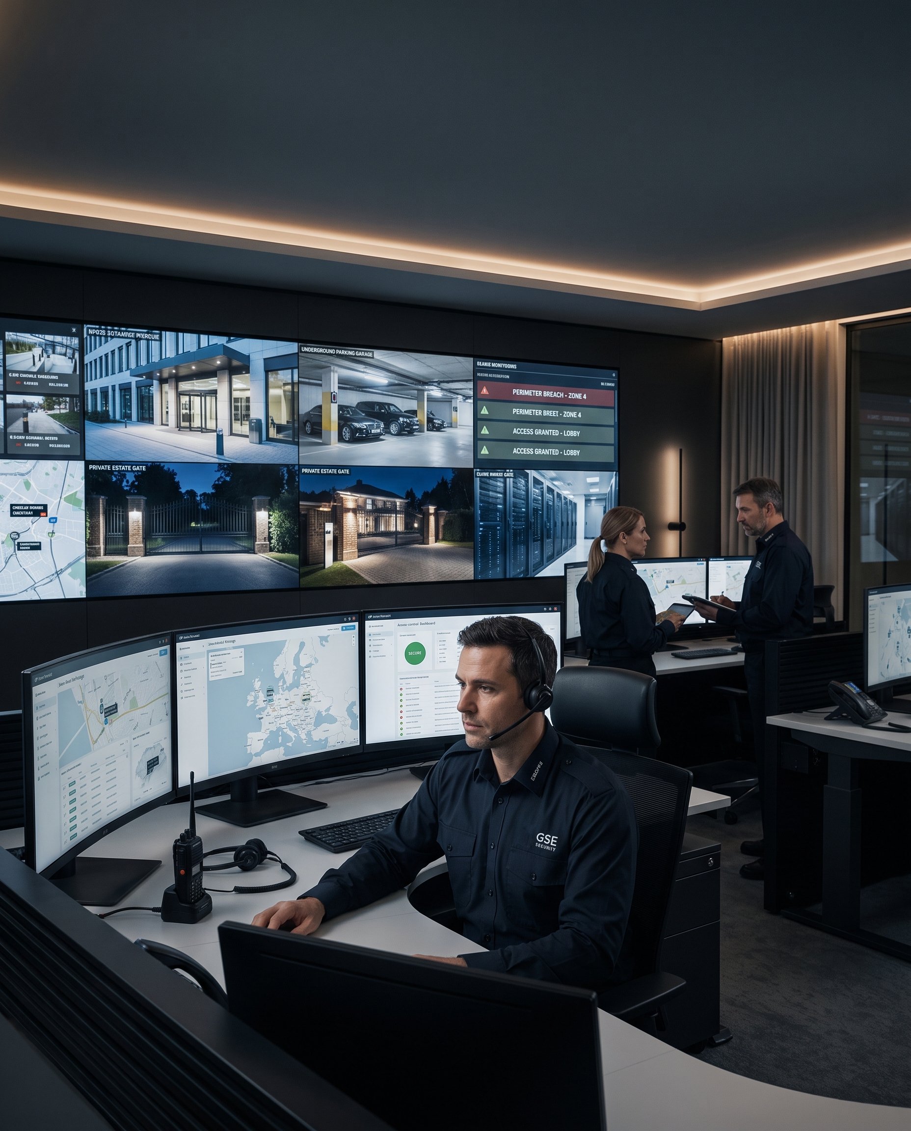 GSE Security 24/7 control room specialists monitoring CCTV, access control, perimeter alerts, private estates, and critical facilities through an integrated security operations center.