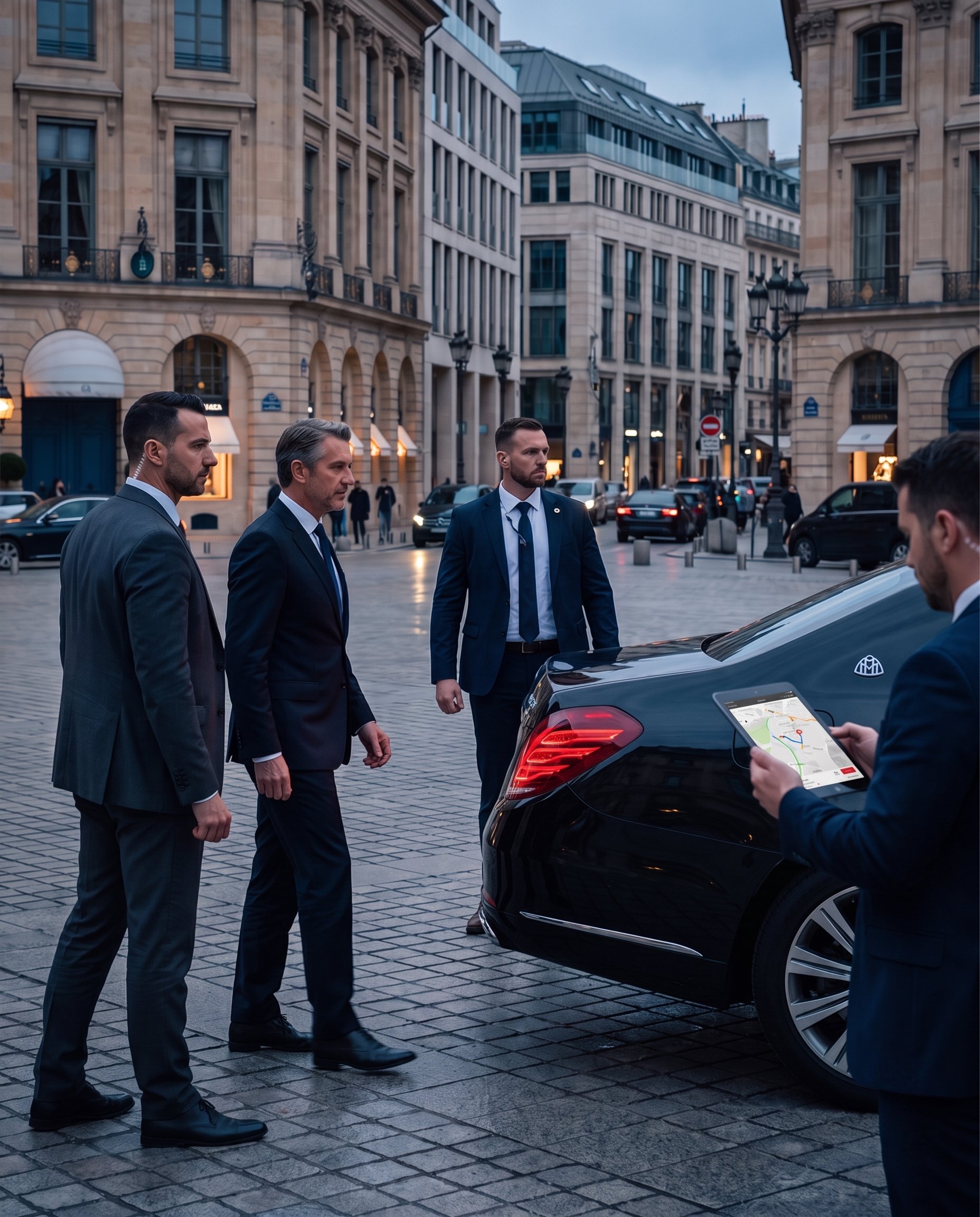 Gse Security Executive protection team coordinating secure transportation in a European city, with close protection officers maintaining situational awareness while a security specialist reviews the planned route on a tablet beside a luxury vehicle Paris, London, New York