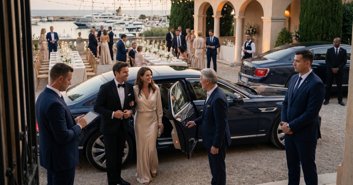 Elegantly dressed guests arriving by luxury car at an exclusive waterfront event, welcomed by a host while executive protection officers discreetly secure the entrance and surrounding area.