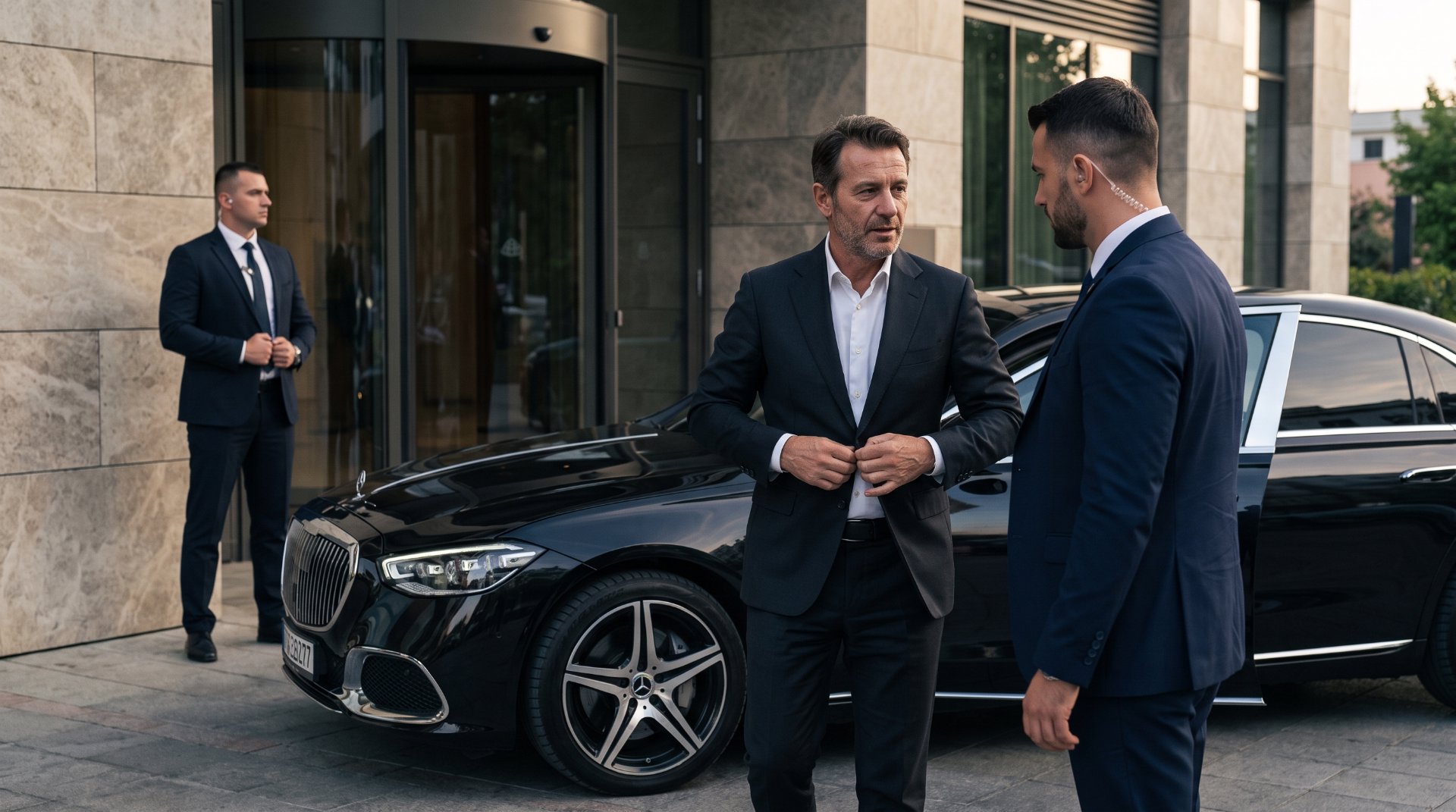 Professional security personnel coordinating executive protection beside a luxury vehicle outside a modern corporate building, demonstrating discretion, situational awareness, and secure mobility.
