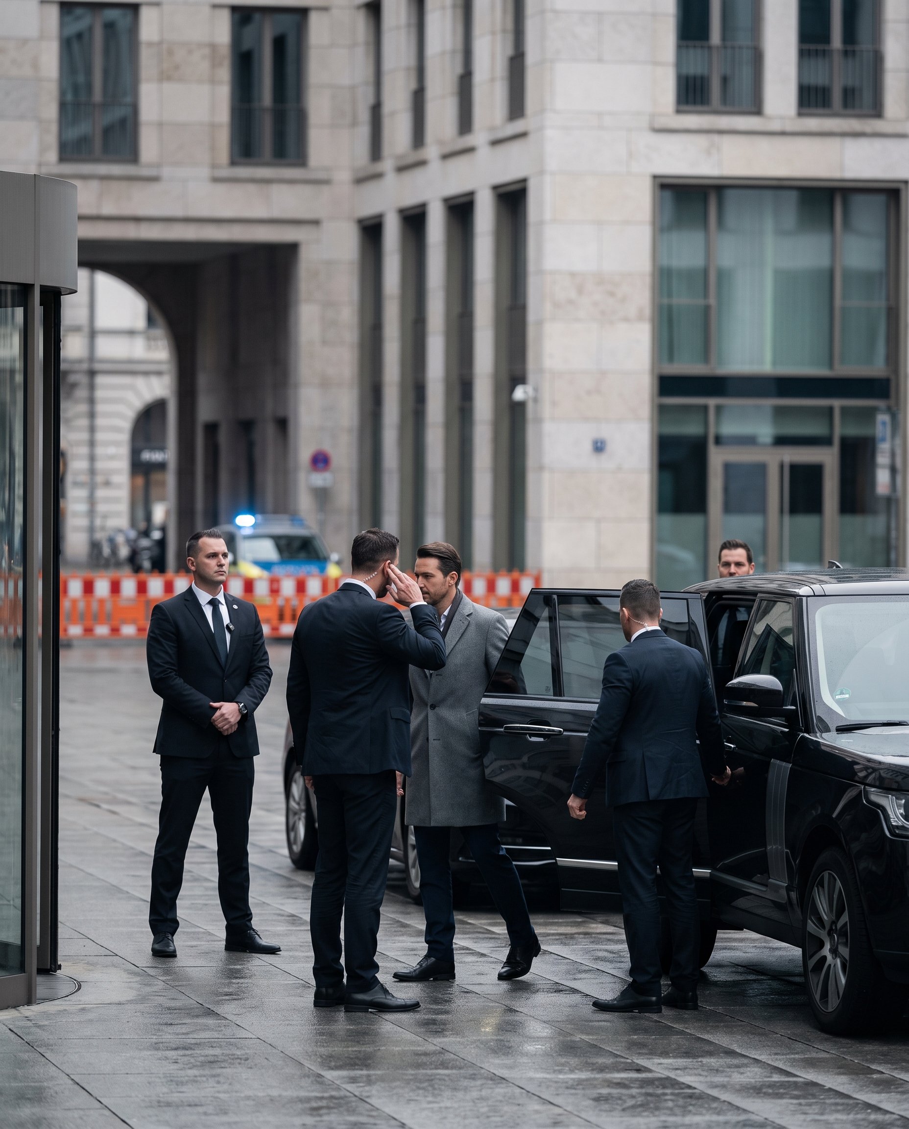 Professional security team coordinating the secure relocation of a client beside a black SUV in a restricted urban area, demonstrating crisis response, discreet extraction, situational awareness, and operational control.