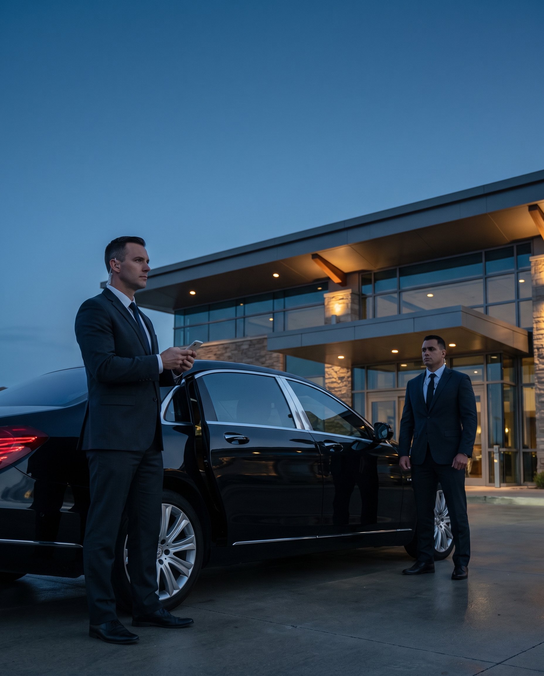 Two executive protection officers in dark suits positioned beside a luxury black sedan outside a modern building at dusk, providing discreet security and secure transportation support