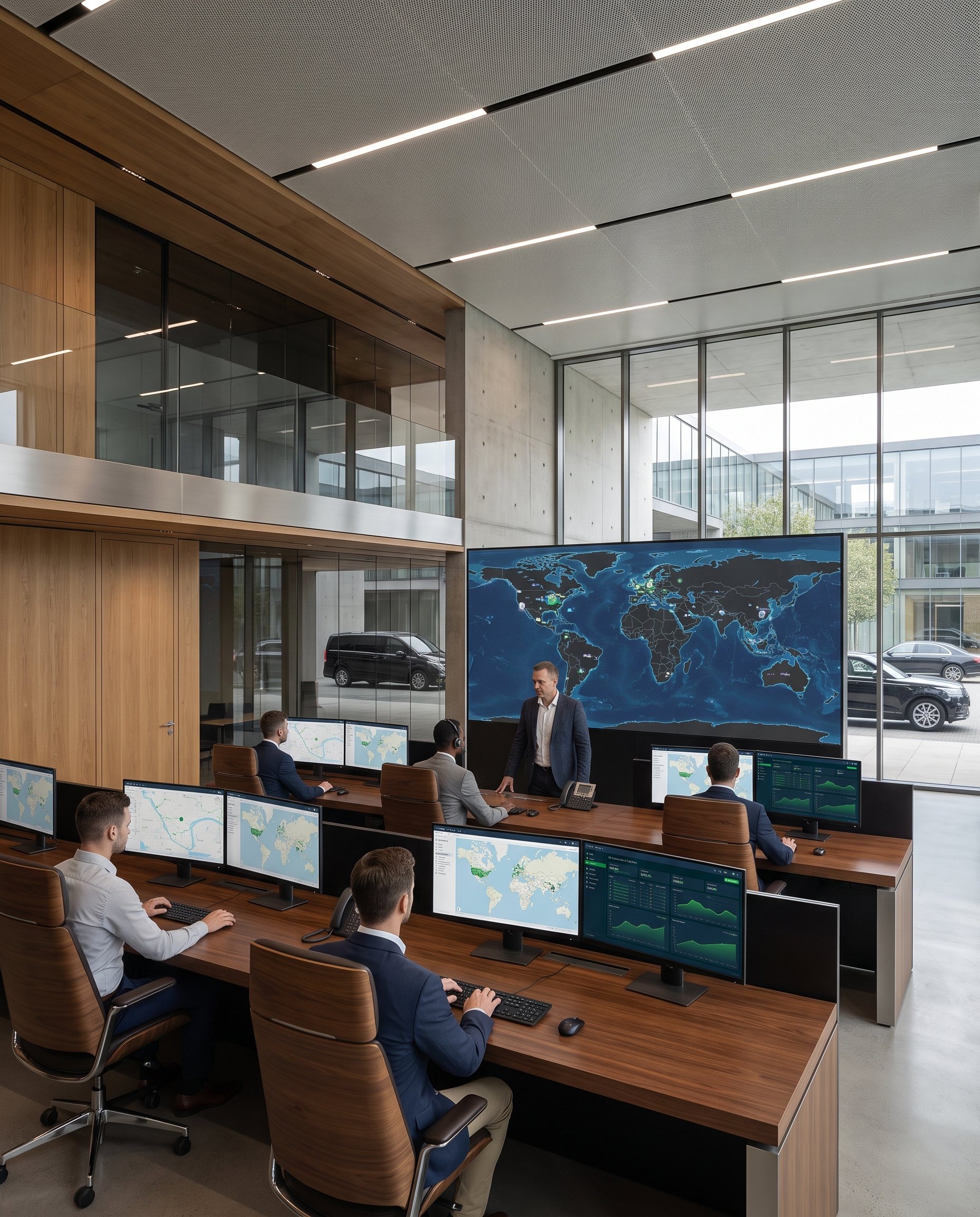 GSE Security international operations center coordinating global security, executive travel, secure mobility, and cross-border risk management through real-time monitoring and intelligence.