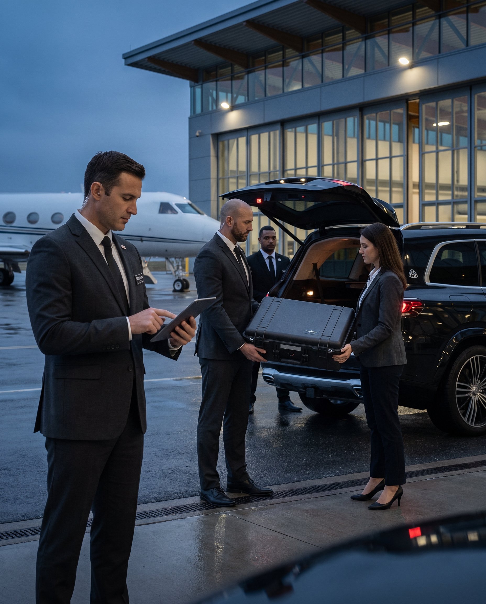 Executive security team coordinating secure transportation beside a private jet, with protection officers managing equipment and logistics near a luxury SUV at an airport facility