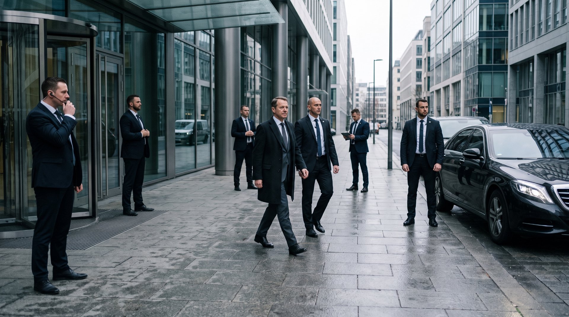 Executive protection team coordinating a secure movement through a modern business district, with close protection officers maintaining situational awareness around a principal and an armored security vehicle