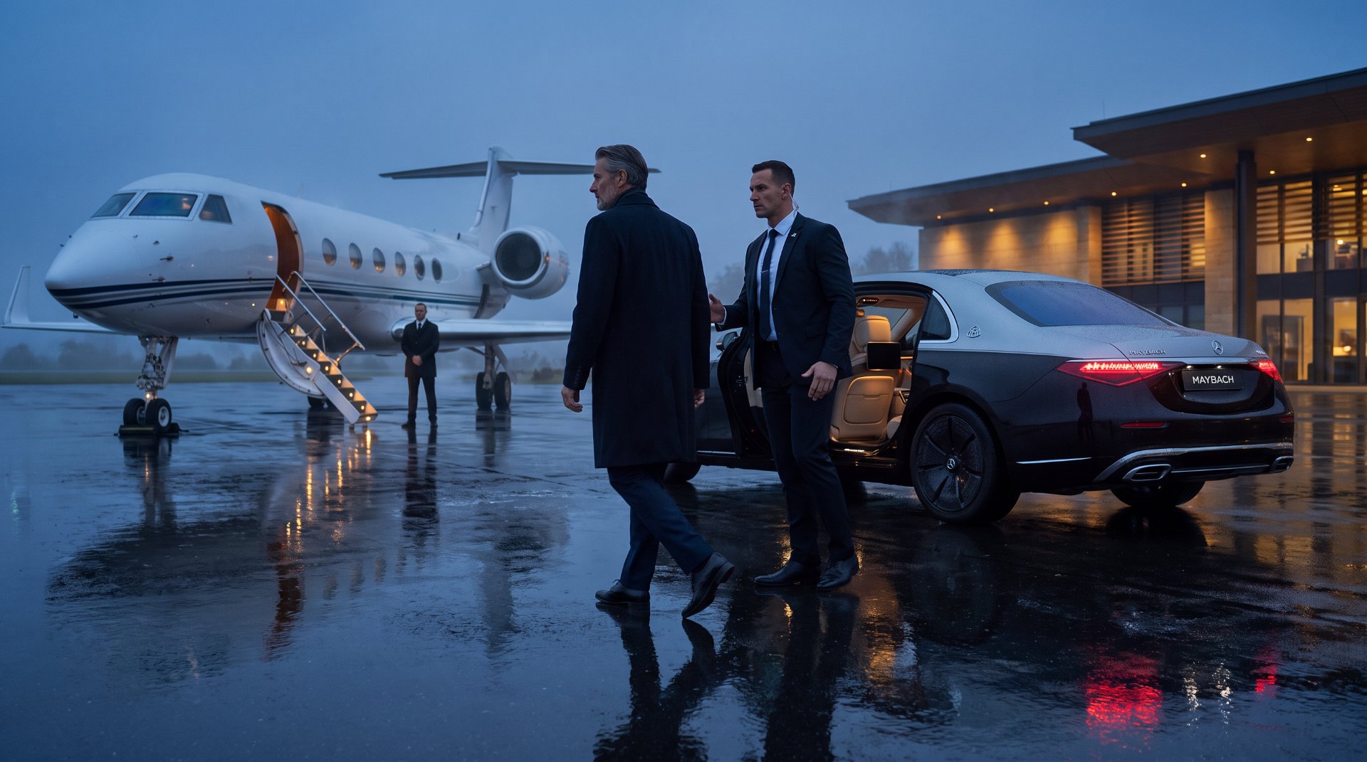 GSE Security executive protection officer coordinating a VIP transfer between a private jet and Mercedes-Maybach, representing secure mobility, private aviation security, and discreet executive travel protection
