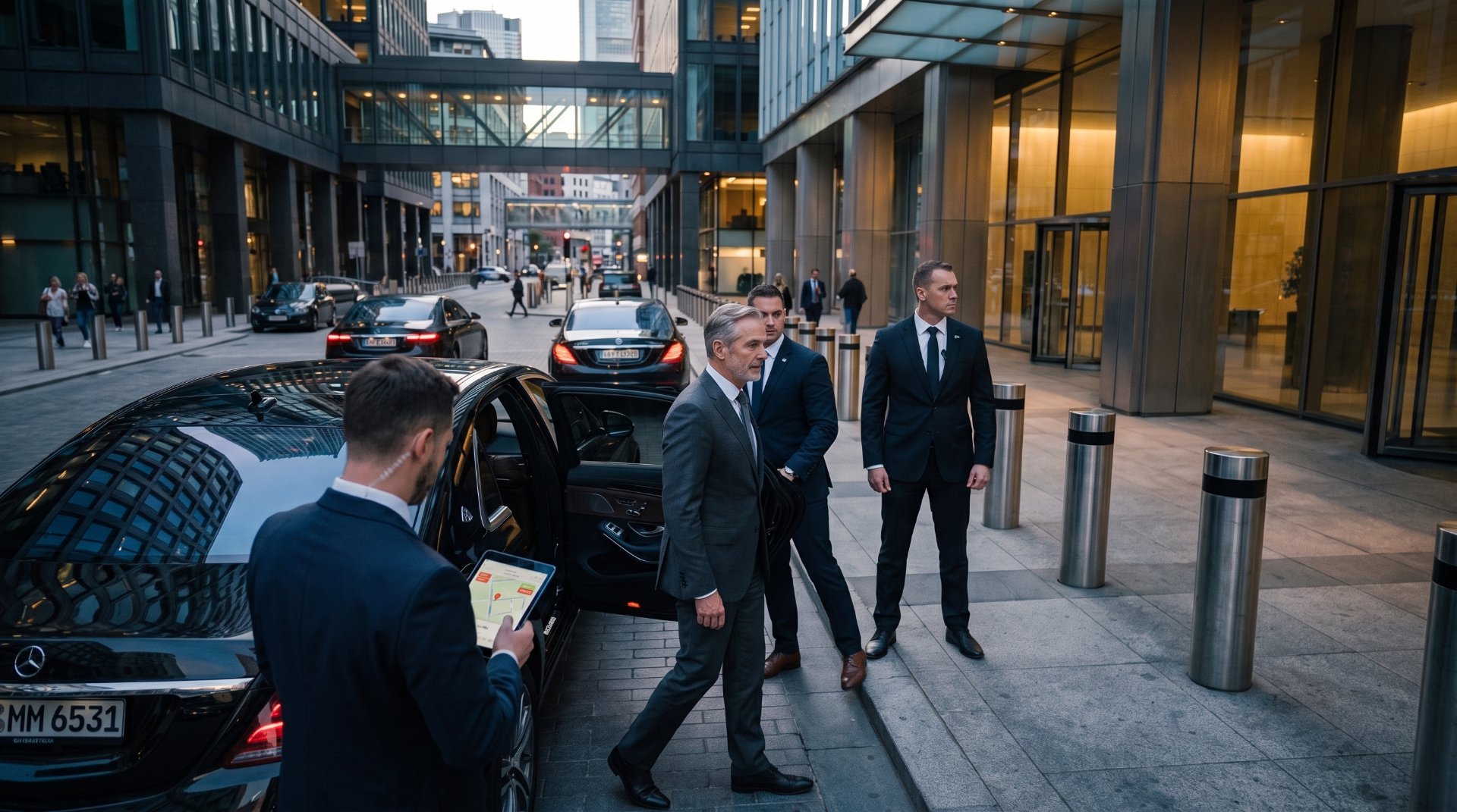 GSE Security Executive protection team coordinating a secure vehicle convoy outside a modern corporate building, with security personnel positioned around luxury sedans and SUVs while monitoring arrivals and movements.