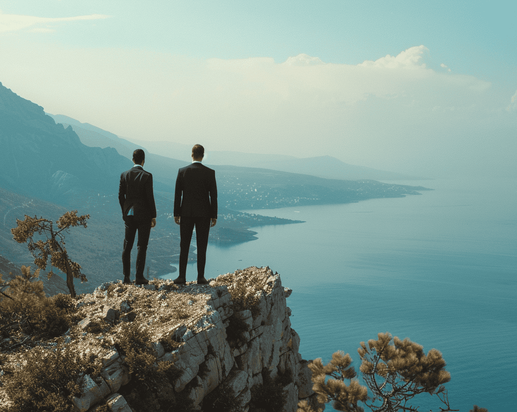 Two close protection agents in formal suits standing on a cliff overlooking the Albanian Riviera coastline, assessing terrain and security environment.