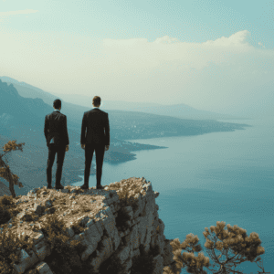 Two close protection agents in formal suits standing on a cliff overlooking the Albanian Riviera coastline, assessing terrain and security environment.