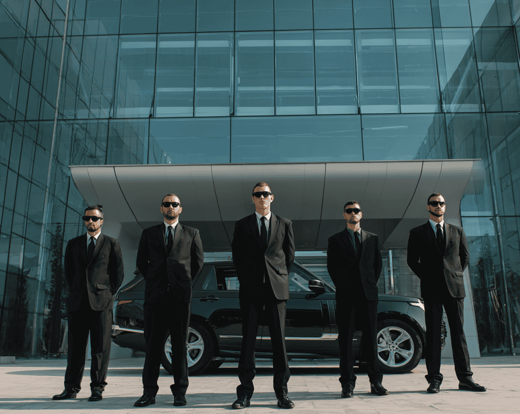 Professional close protection team from GSE Security standing in front of a modern corporate building with a security vehicle, providing executive protection services in Albania.