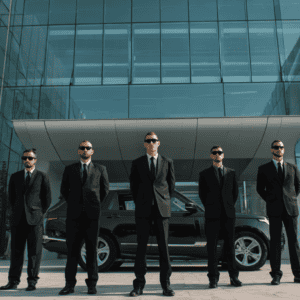 Professional close protection team from GSE Security standing in front of a modern corporate building with a security vehicle, providing executive protection services in Albania.
