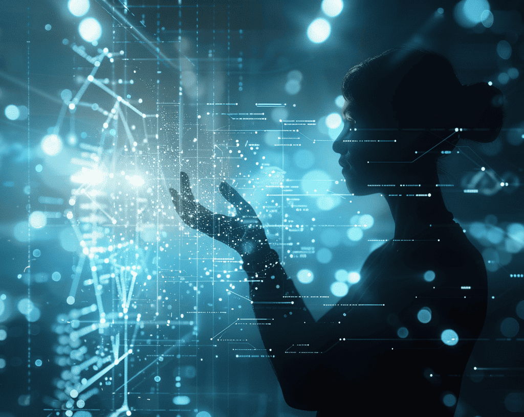 Silhouette of a person interacting with a digital network interface, representing human-centric cybersecurity and a culture of protection in modern organizations