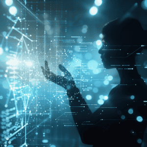 Silhouette of a person interacting with a digital network interface, representing human-centric cybersecurity and a culture of protection in modern organizations