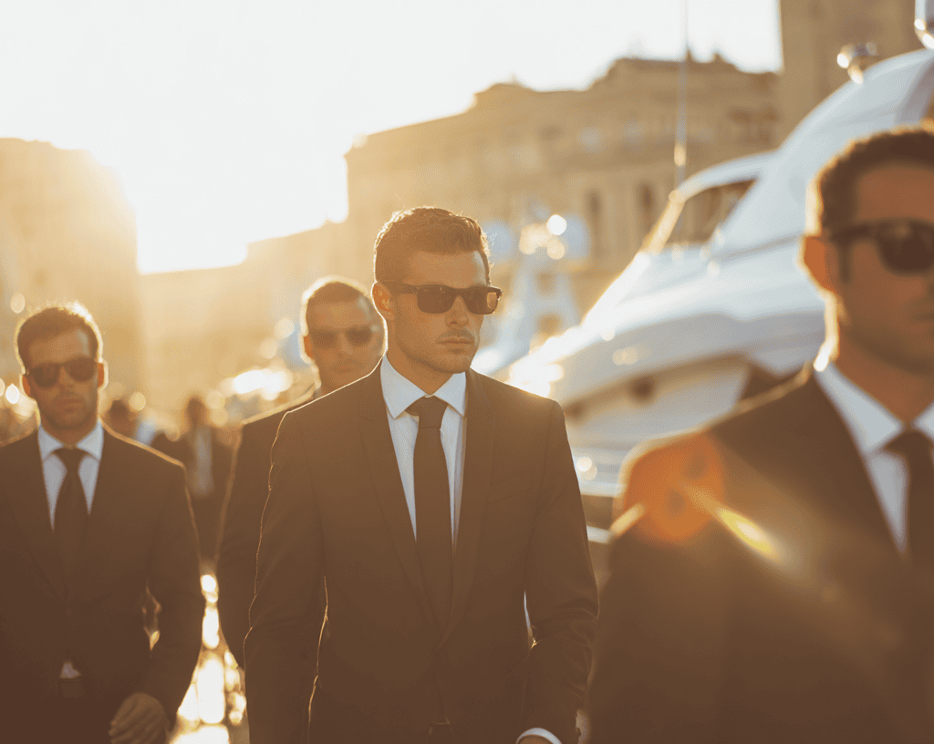 VIP executive protection team providing discreet close protection for a high-profile client near a luxury yacht in Albania